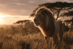 Löwen Im Grünnen Feld Während Sonnenaufgang Oder Sonnenuntergang | Safari und Wildtiere | Tiere