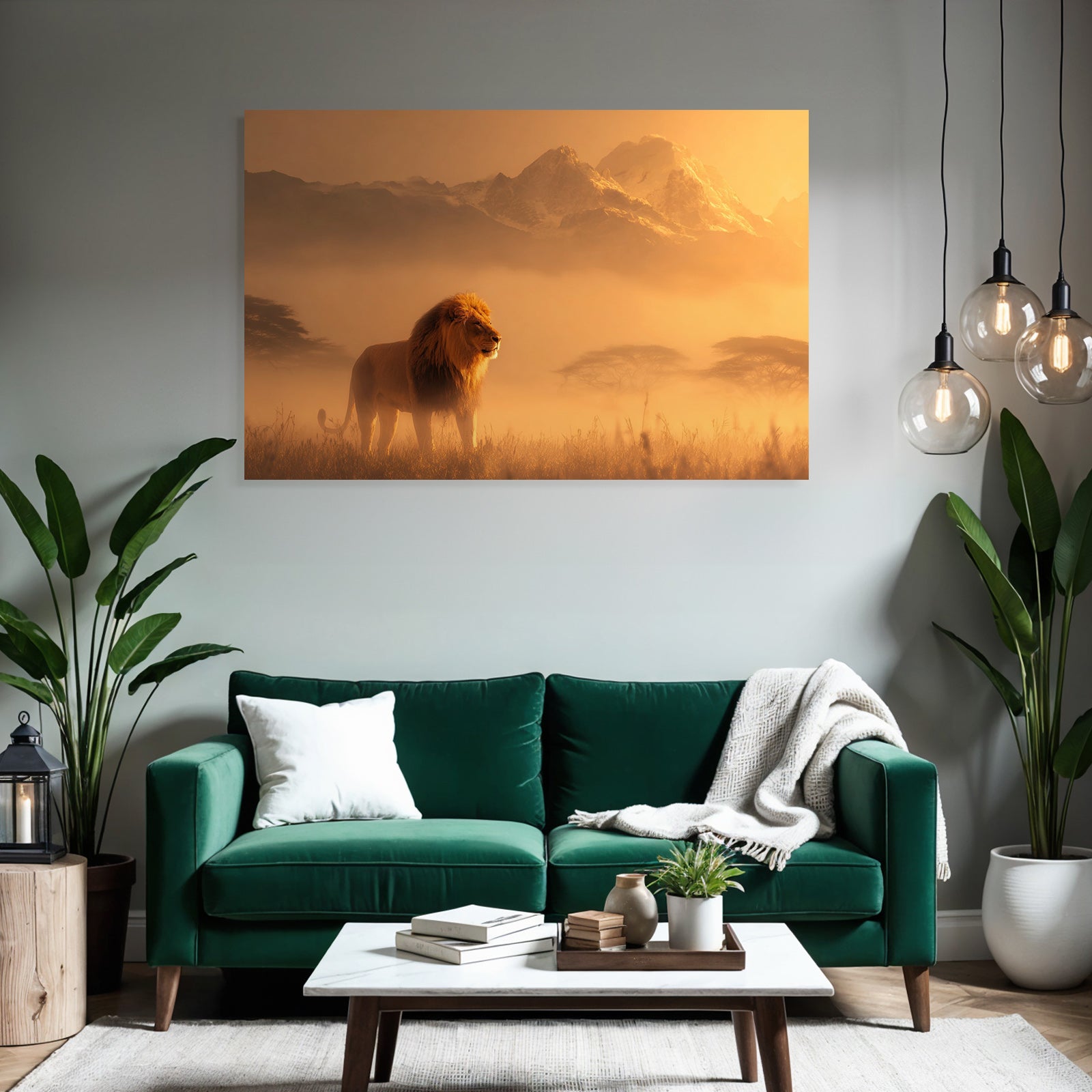 Majestätischer Leu Im Nebligen Landscape Bei Sonnenuntergang