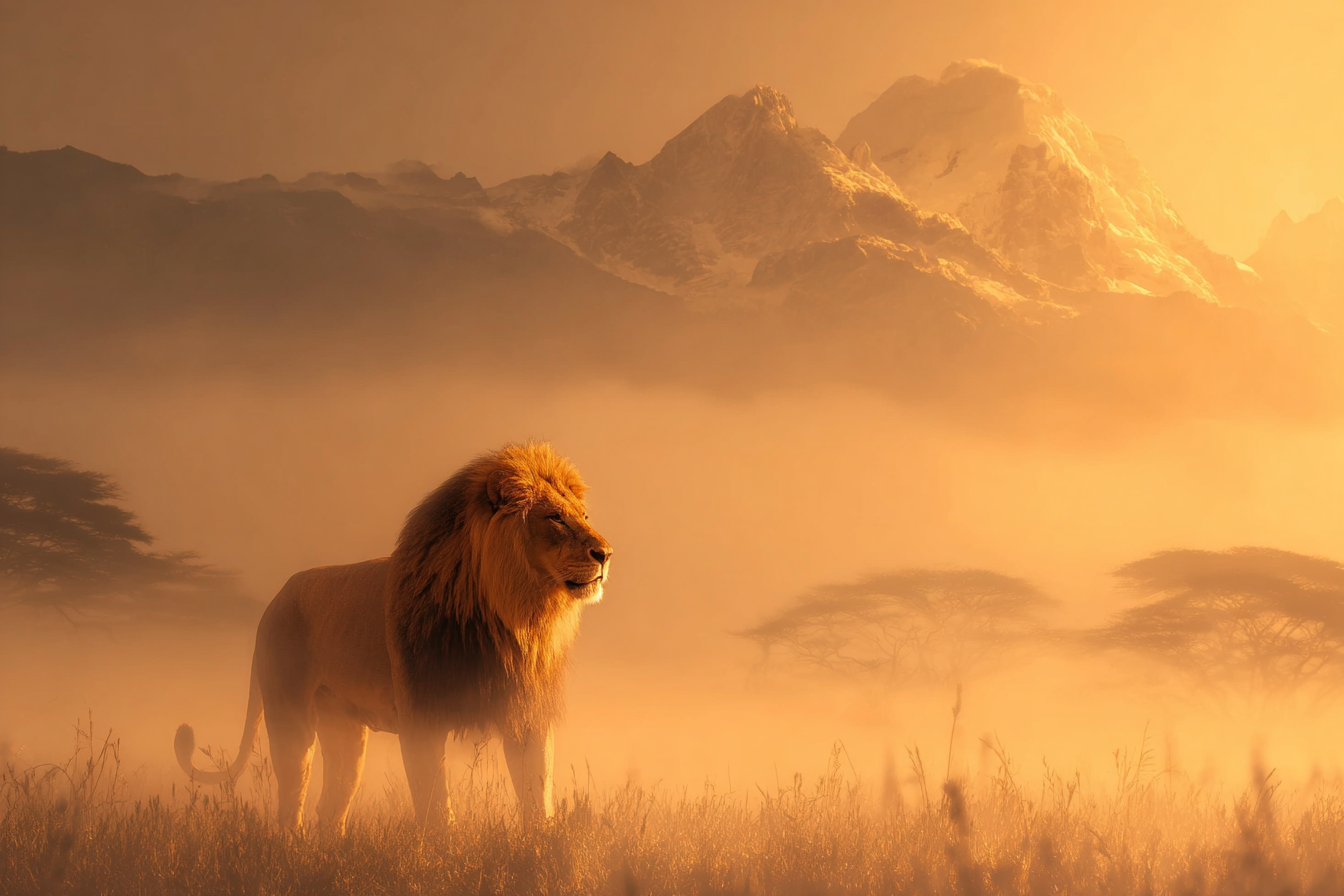 Majestätischer Leu Im Nebligen Landscape Bei Sonnenuntergang | Safari und Wildtiere | Tiere