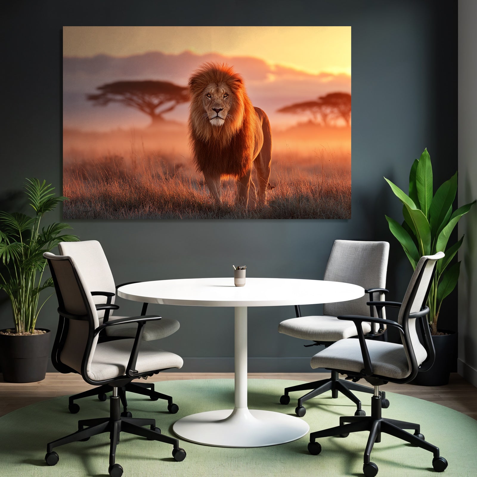 Majestätischer Löwe Im Grünen Landschaft Bei Sonnenuntergang