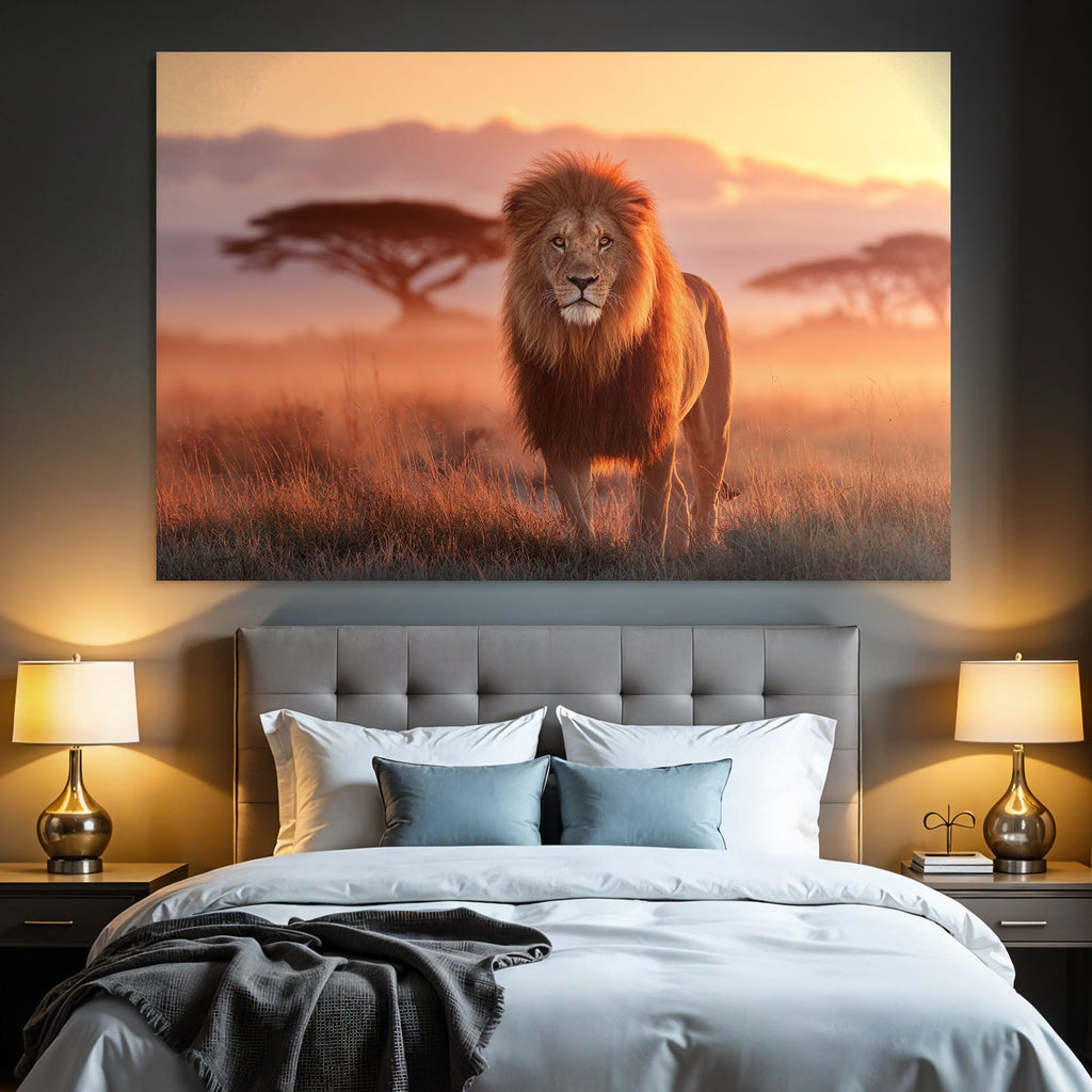Majestätischer Löwe Im Grünen Landschaft Bei Sonnenuntergang