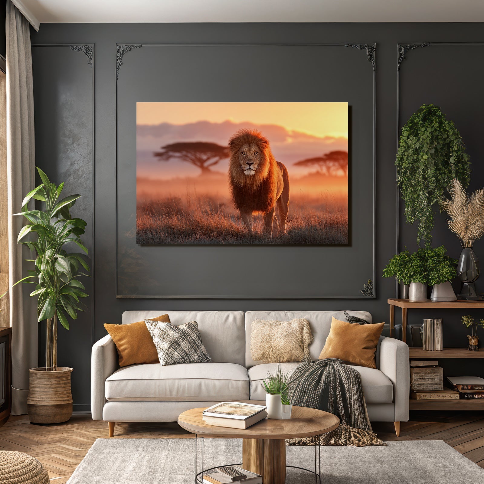 Majestätischer Löwe Im Grünen Landschaft Bei Sonnenuntergang