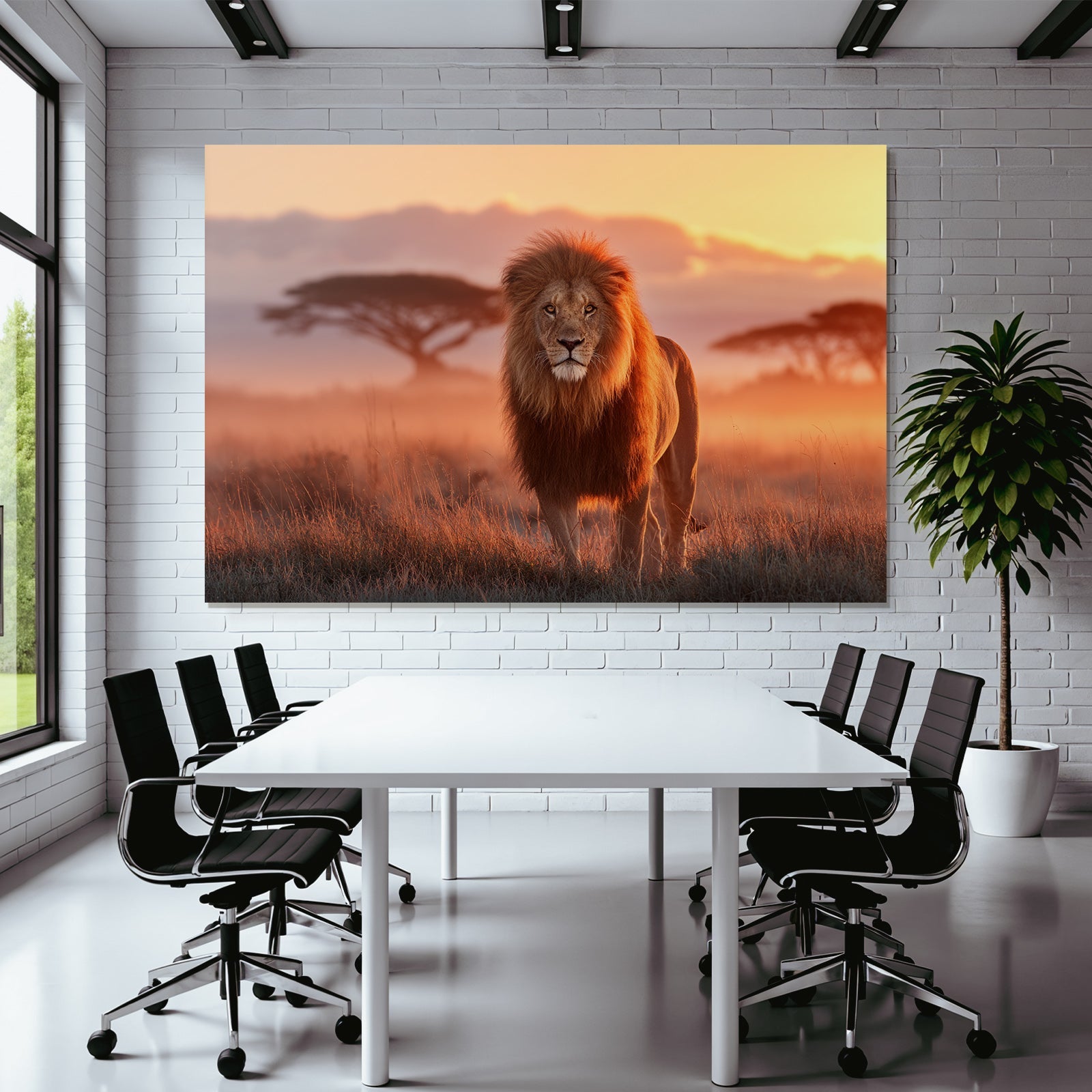 Majestätischer Löwe Im Grünen Landschaft Bei Sonnenuntergang