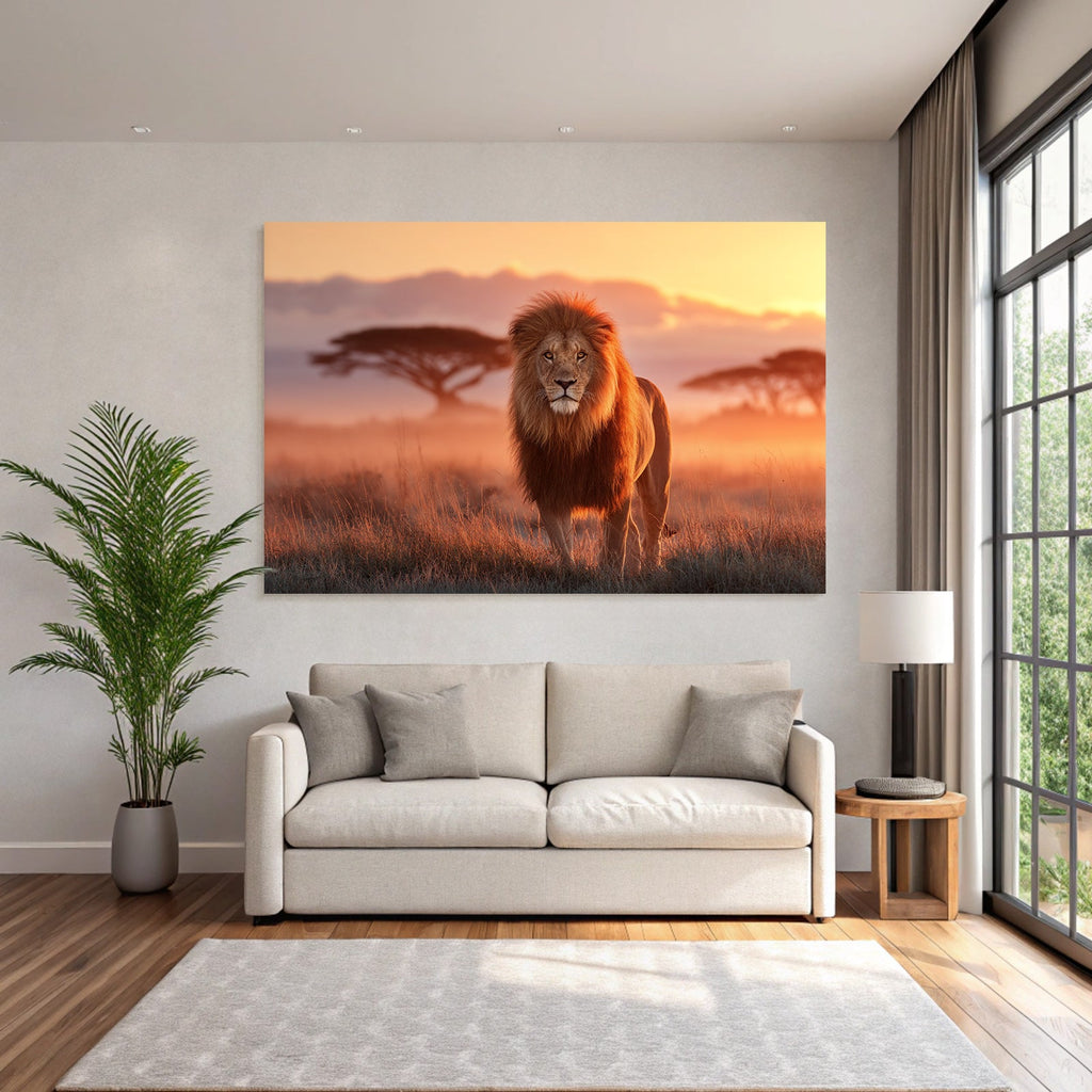 Majestätischer Löwe Im Grünen Landschaft Bei Sonnenuntergang