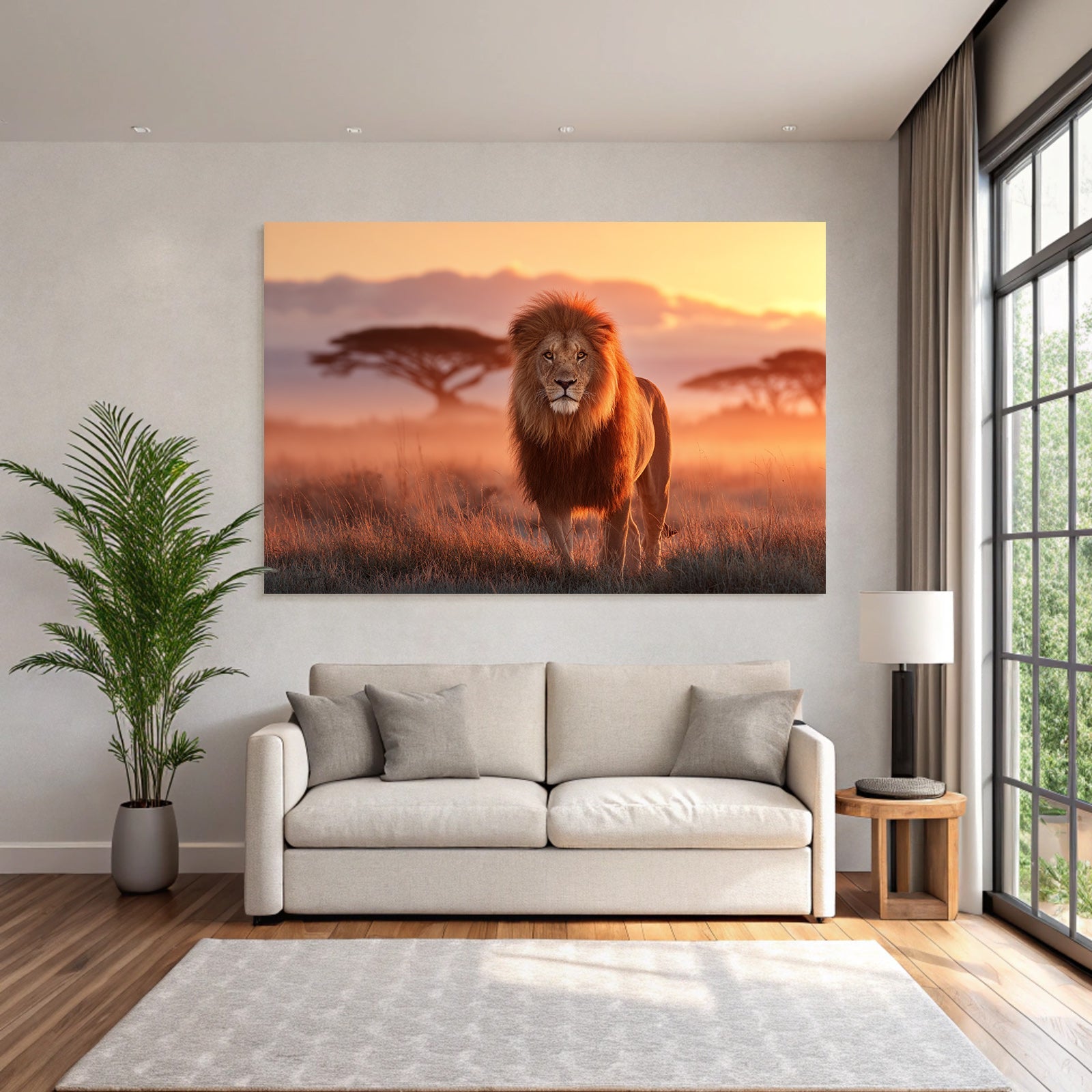 Majestätischer Löwe Im Grünen Landschaft Bei Sonnenuntergang