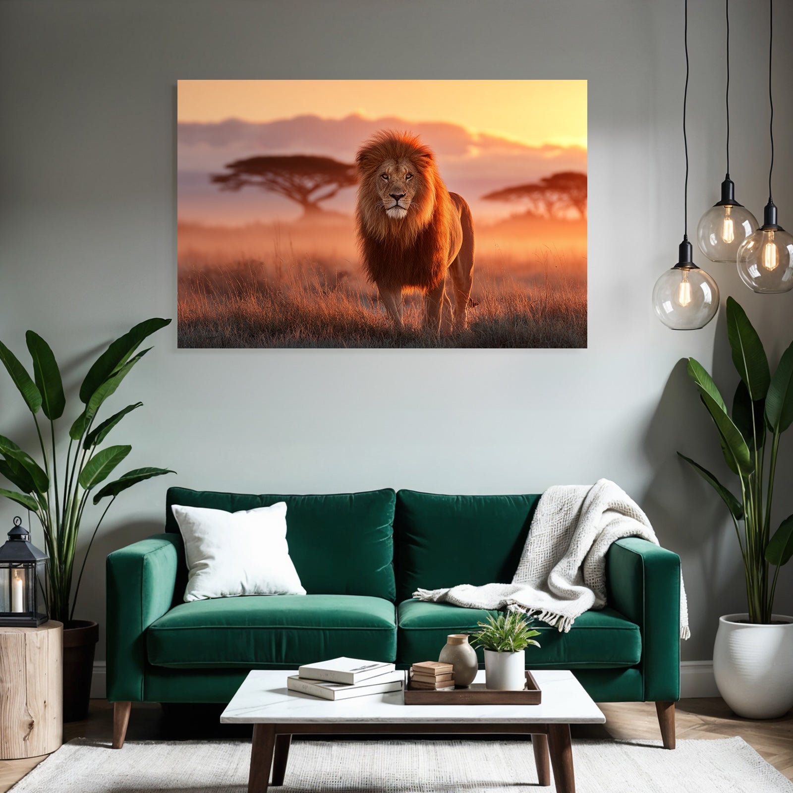 Majestätischer Löwe Im Grünen Landschaft Bei Sonnenuntergang