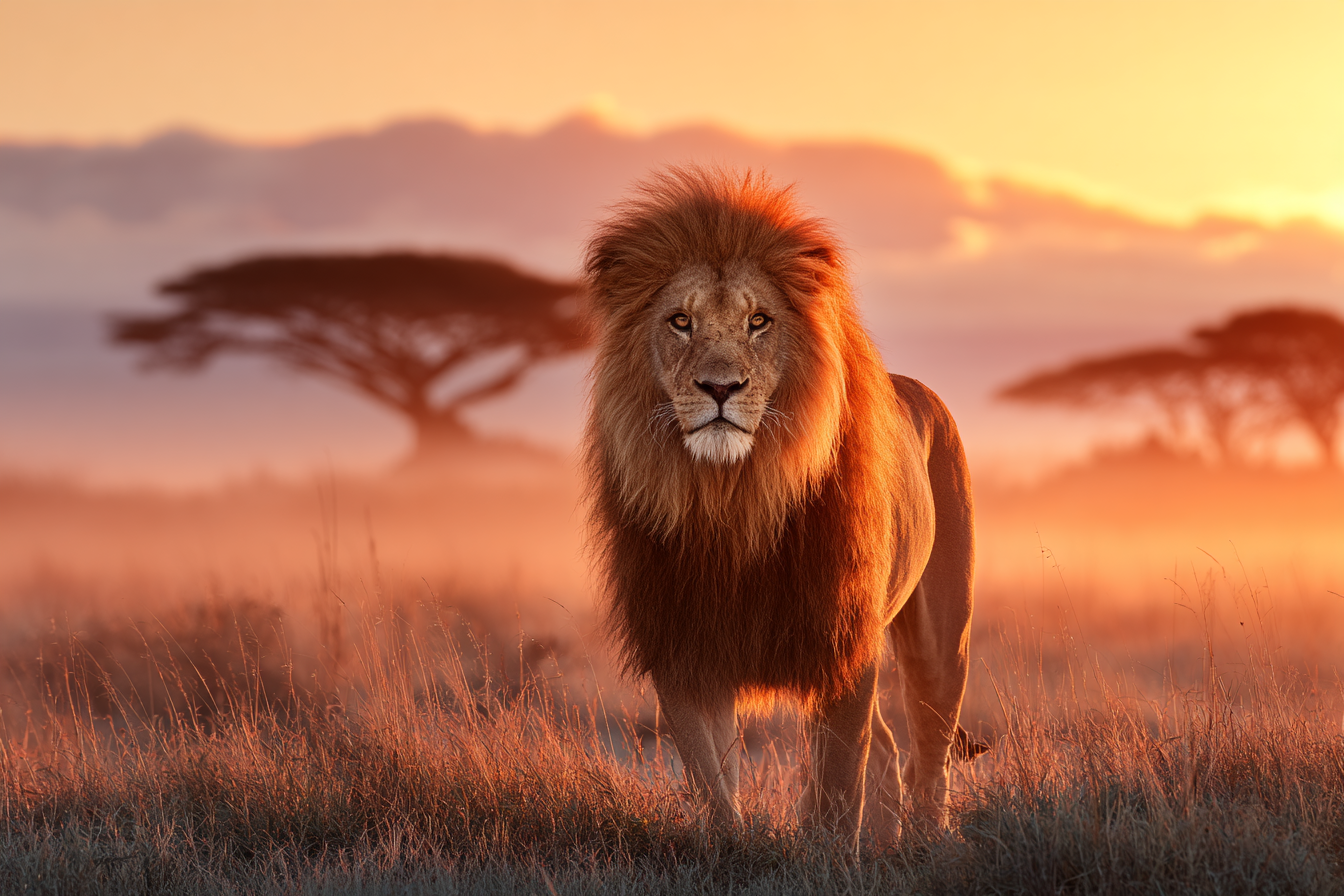 Majestätischer Löwe Im Grünen Landschaft Bei Sonnenuntergang | Safari und Wildtiere | Tiere