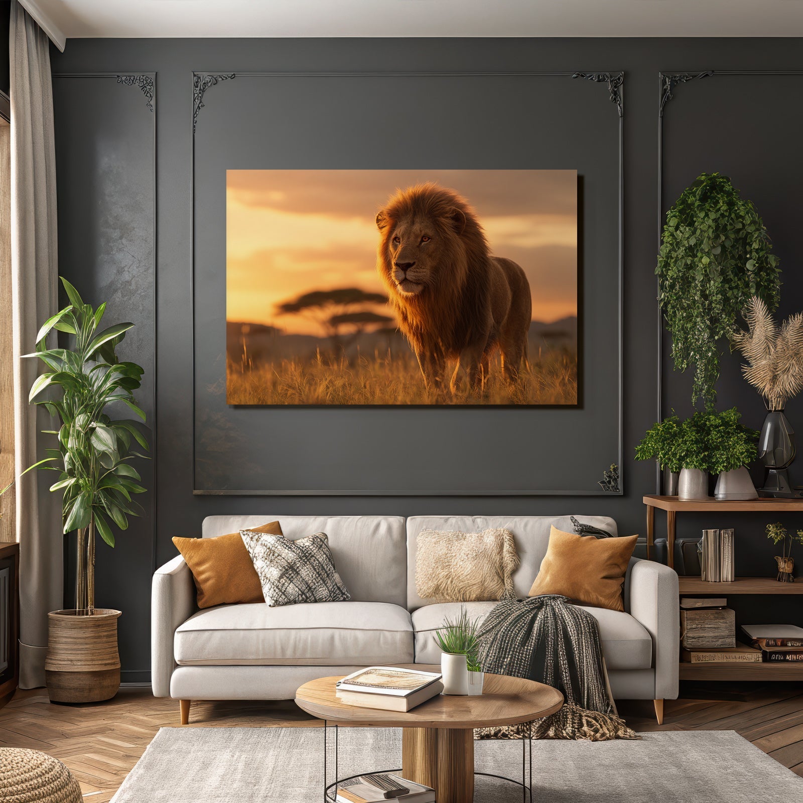Majestätischer Löwe Im Grünen Landschaft Während Sonnenuntergang