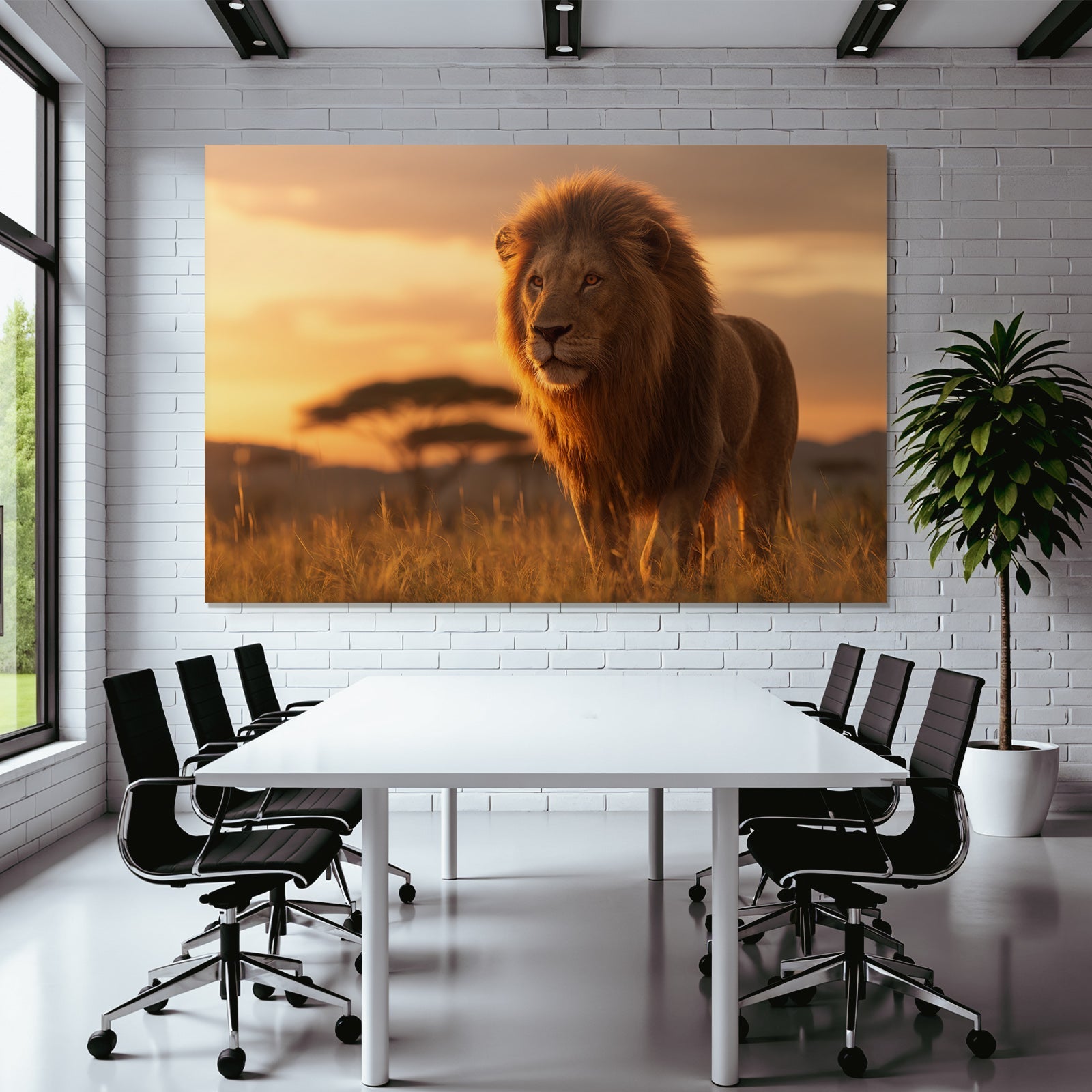 Majestätischer Löwe Im Grünen Landschaft Während Sonnenuntergang