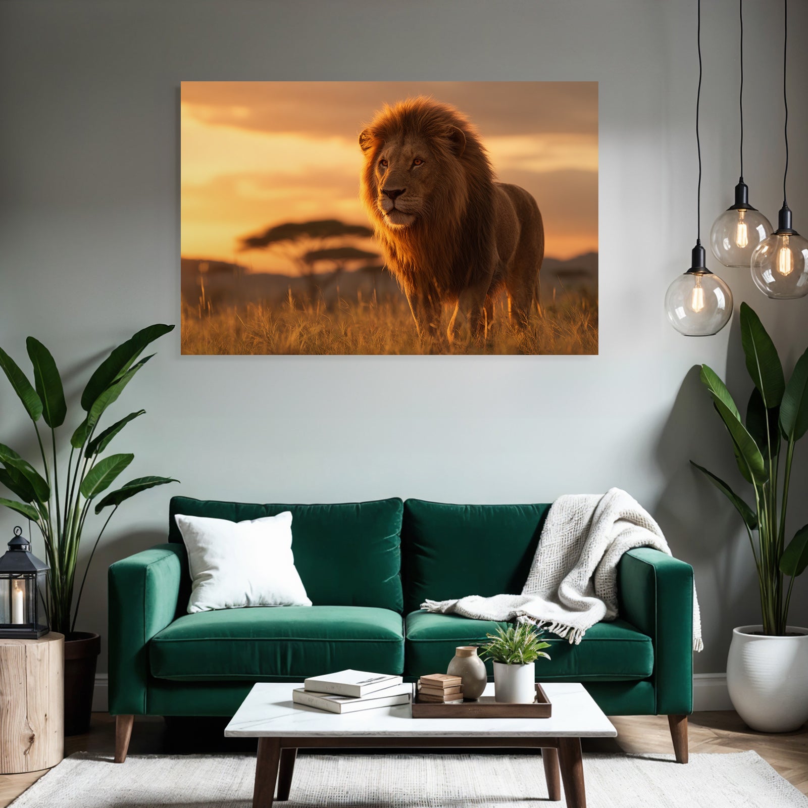 Majestätischer Löwe Im Grünen Landschaft Während Sonnenuntergang
