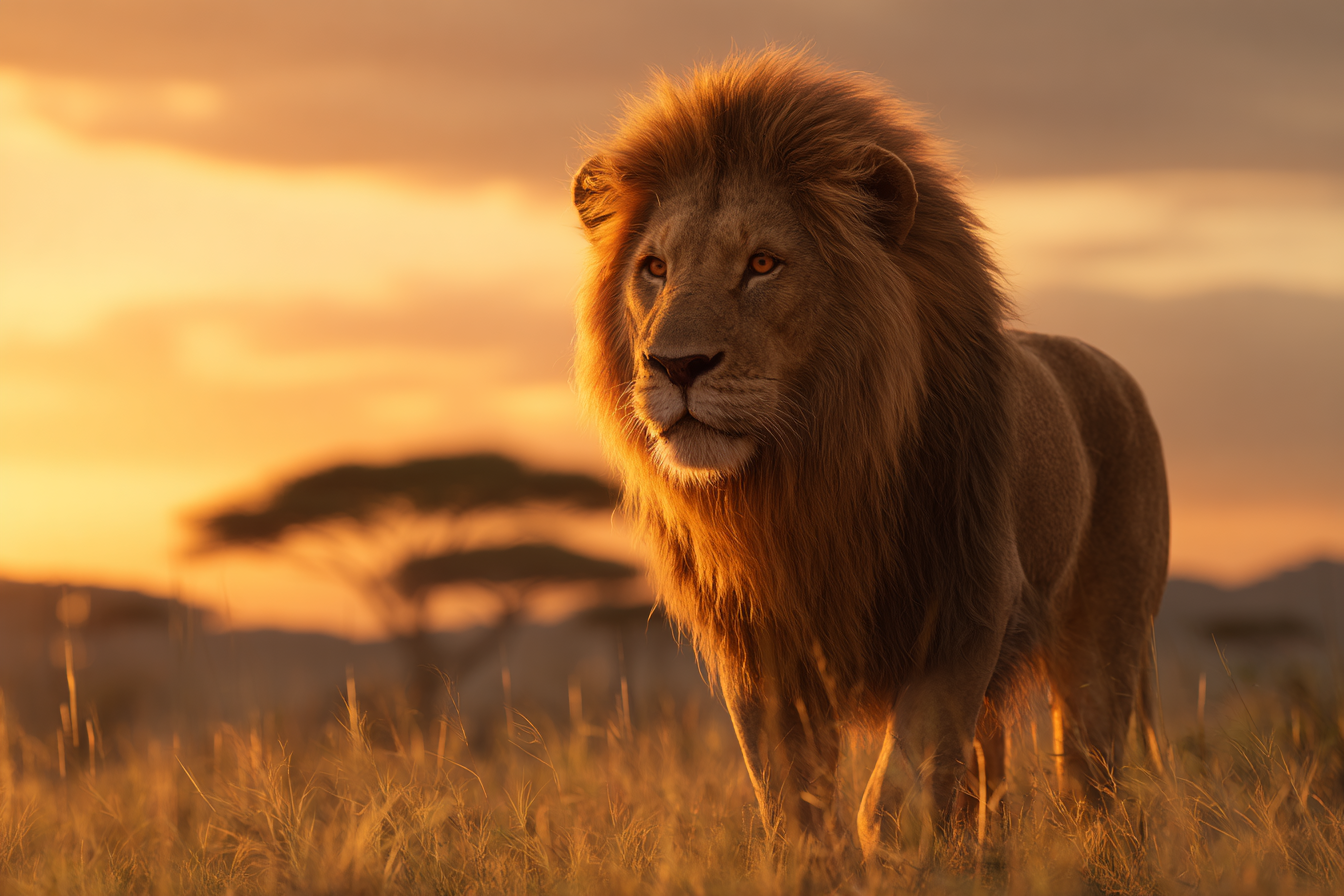 Majestätischer Löwe Im Grünen Landschaft Während Sonnenuntergang | Safari und Wildtiere | Tiere
