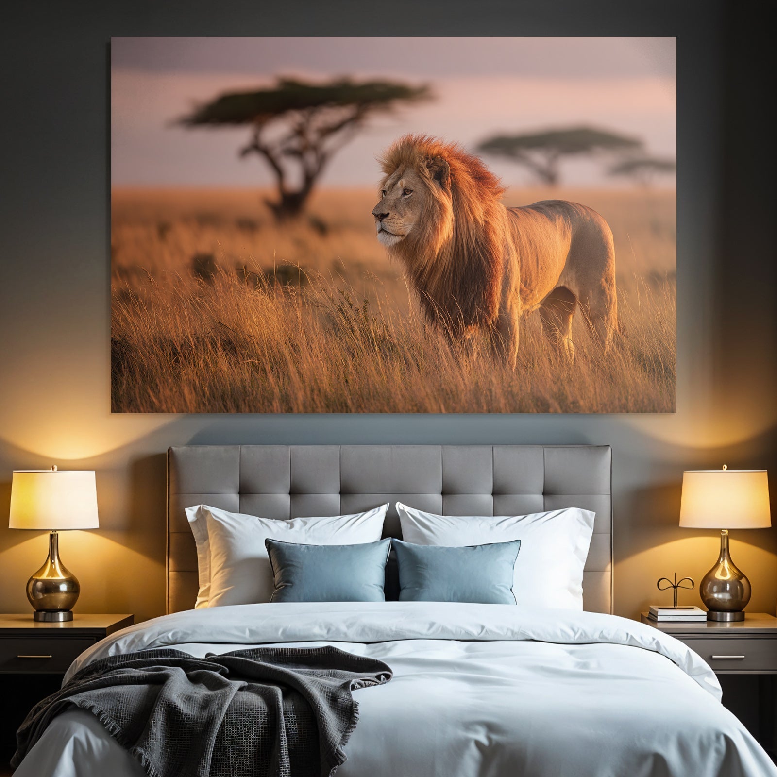 Majestätischer Löwe In Graslandschaft Bei Sonnenuntergang
