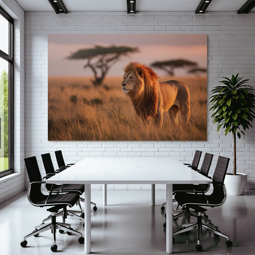 Majestätischer Löwe In Graslandschaft Bei Sonnenuntergang