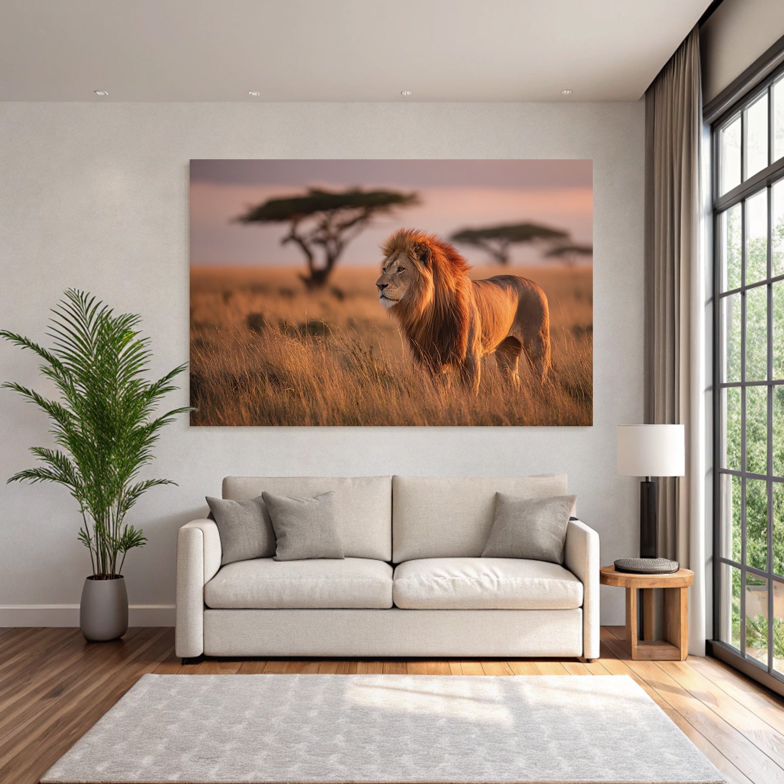 Majestätischer Löwe In Graslandschaft Bei Sonnenuntergang