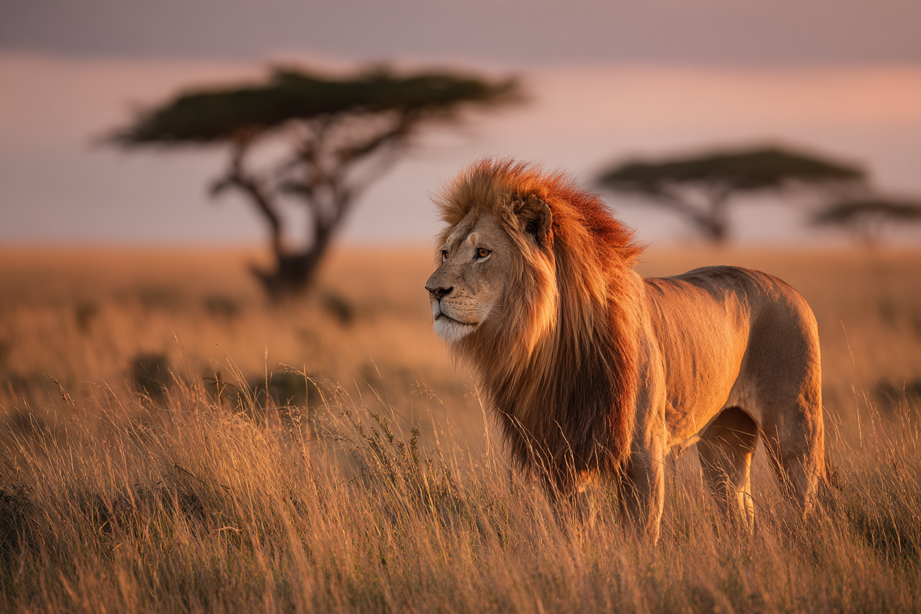 Majestätischer Löwe In Graslandschaft Bei Sonnenuntergang | Safari und Wildtiere | Tiere