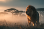 Majestat Löwe Im Nebel Goldenes Licht Landschaft Dämmerung | Safari und Wildtiere | Tiere