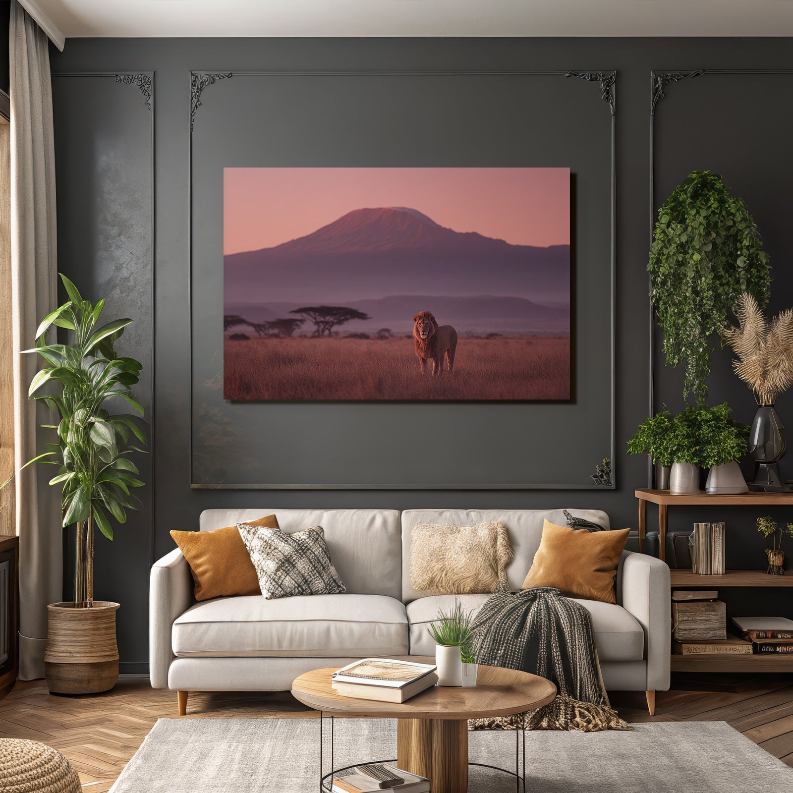 Majestic Lion At Sunset With Mount Kilimanjaro Hintergrund