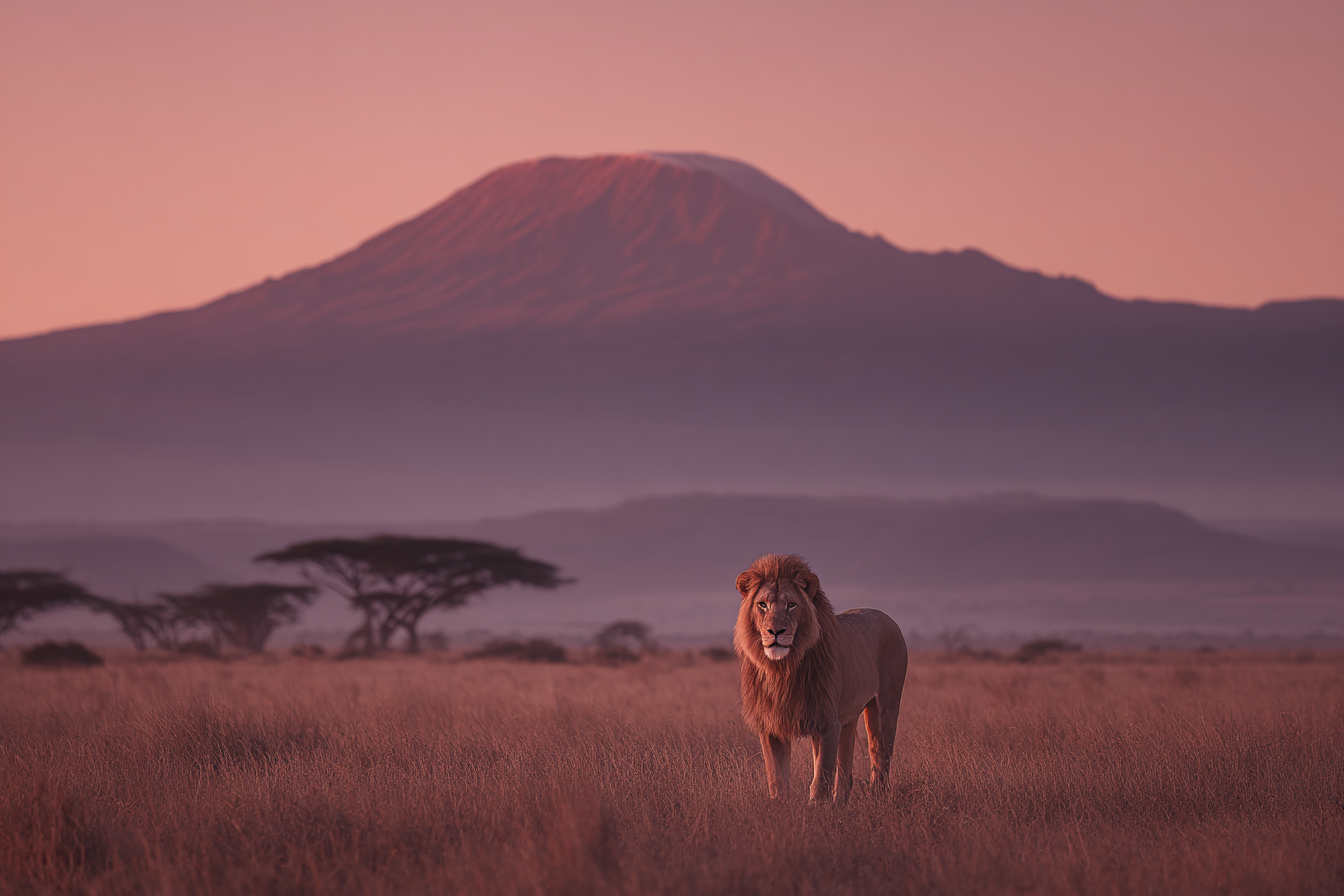Majestic Lion At Sunset With Mount Kilimanjaro Hintergrund | Safari und Wildtiere | Tiere