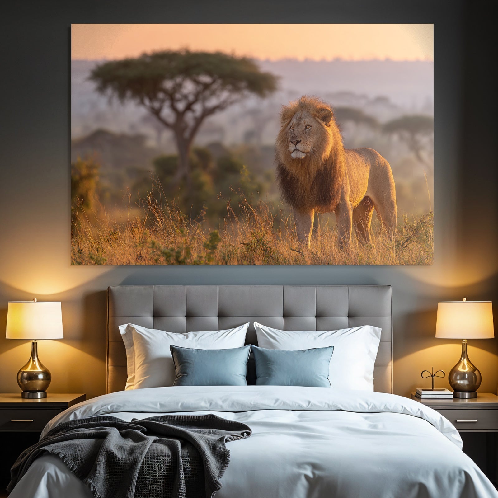 Majestic Lion Sunset In Tall Grass Savanna Landscape