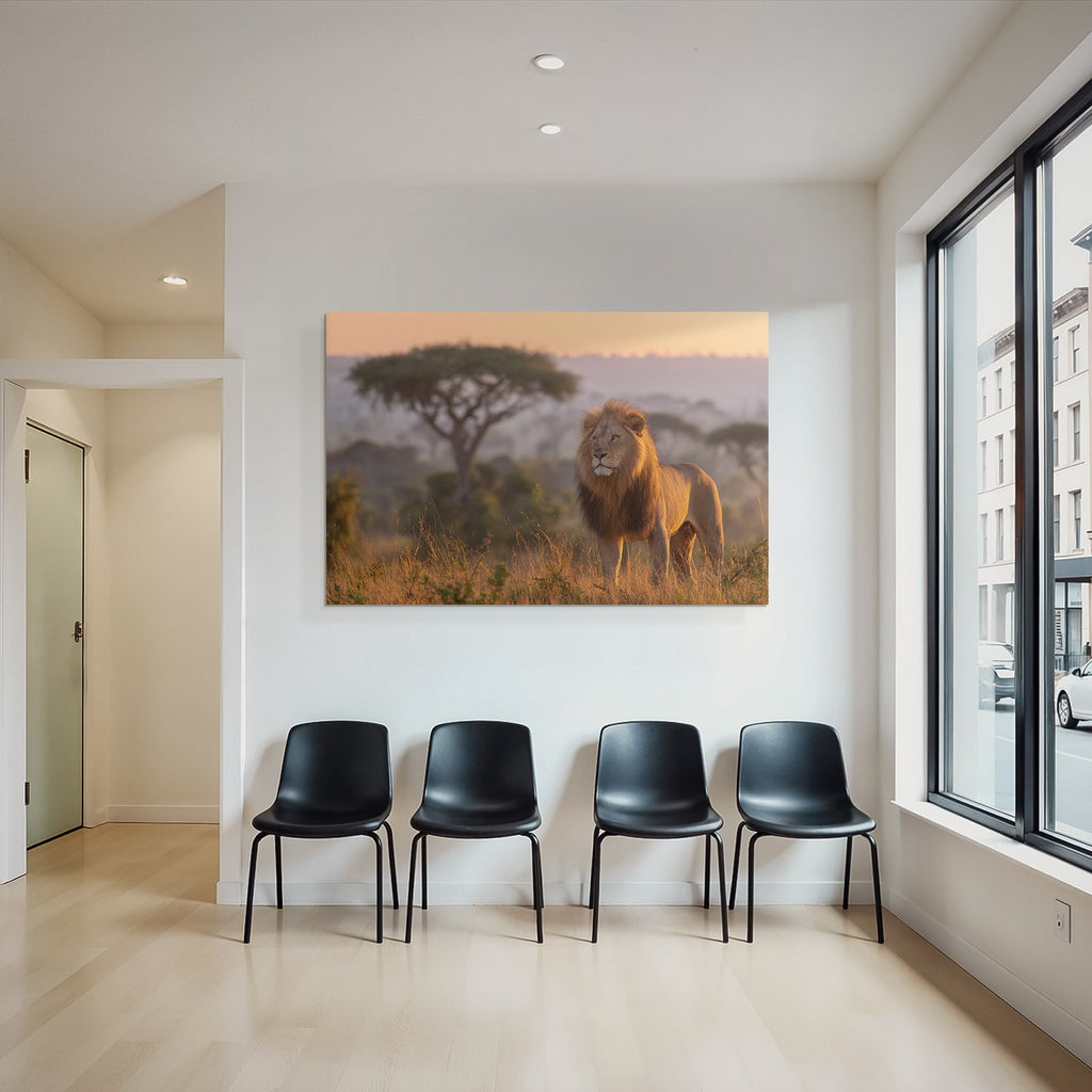 Majestic Lion Sunset In Tall Grass Savanna Landscape