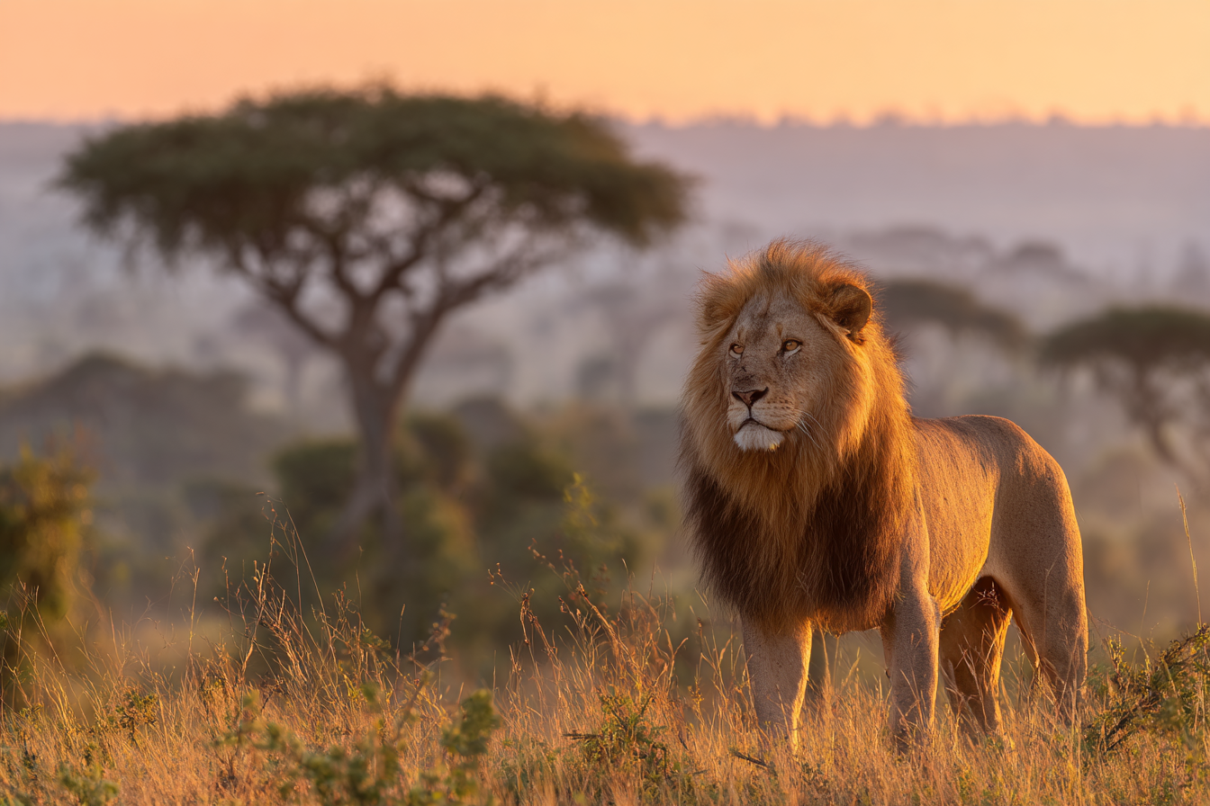 Majestic Lion Sunset In Tall Grass Savanna Landscape | Safari und Wildtiere | Tiere