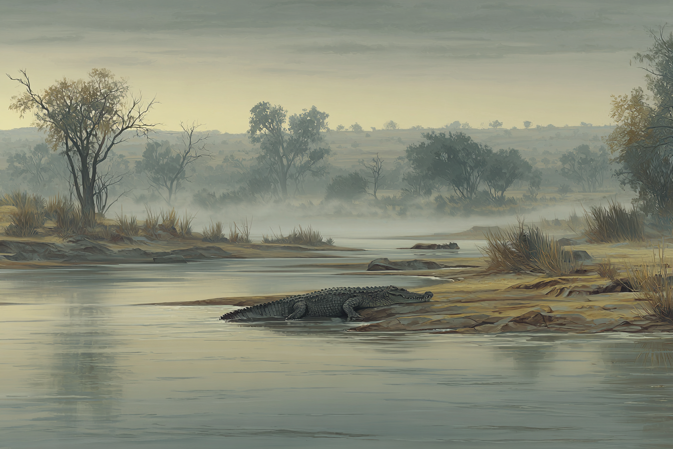 Ruhiger Nebliger Flusslandschaft Mit Krokodil Auf Dem Ufer | Safari und Wildtiere | Tiere