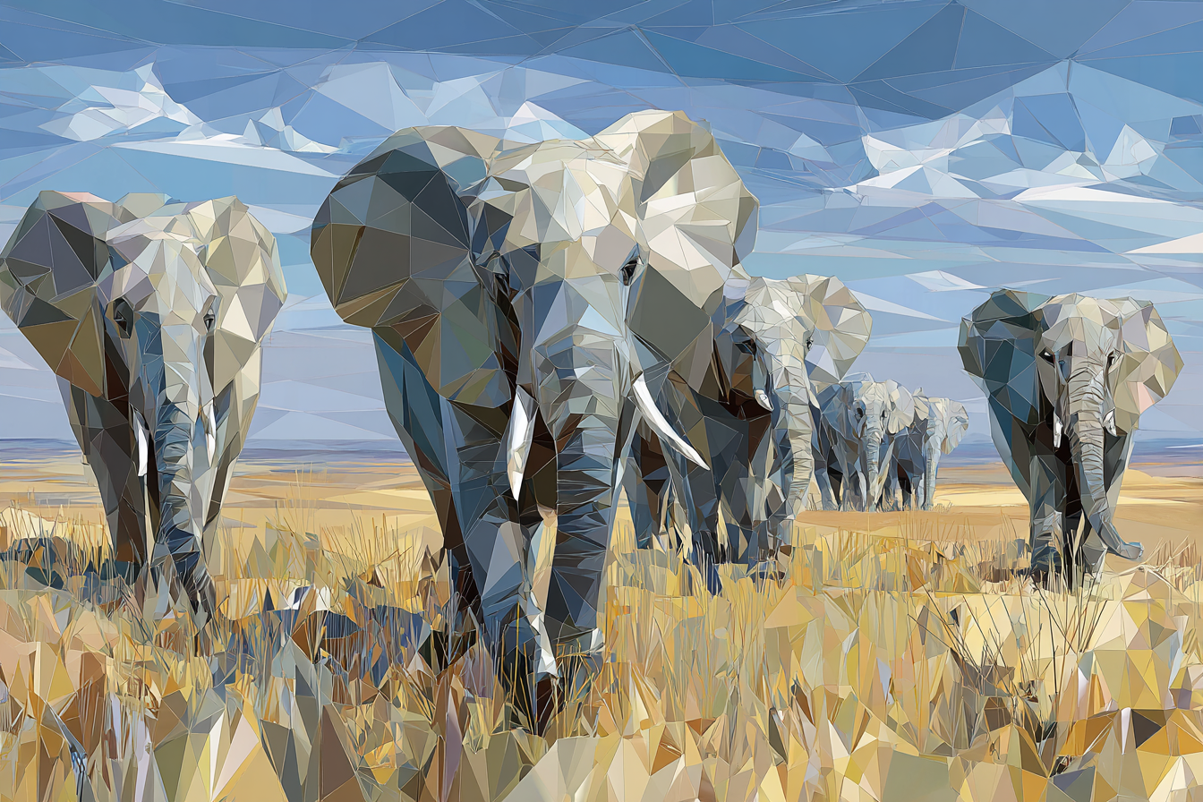 Stilisiertes Polygonales Elefantengruppenmotiv In Der Savanne | Safari und Wildtiere | Tiere