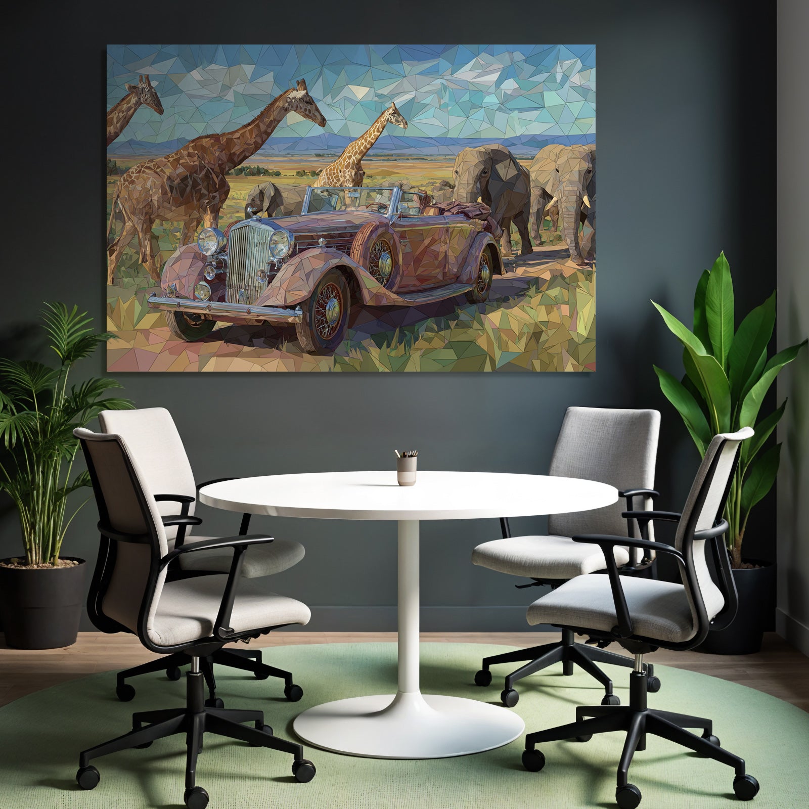 Stylisierte Geometrische Darstellung Klassisches Cabrio In Savanne Mit Giraffen Und Elefanten