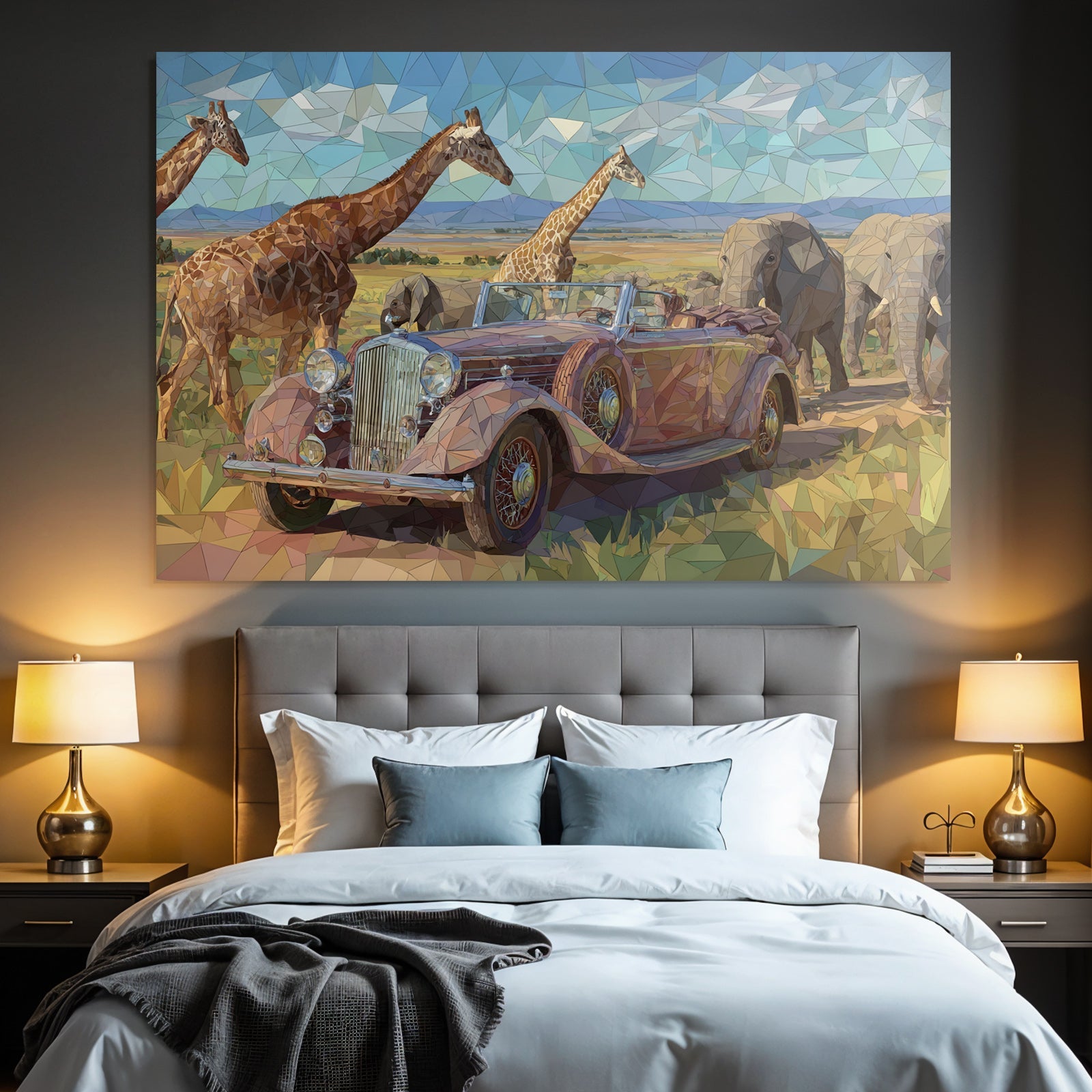 Stylisierte Geometrische Darstellung Klassisches Cabrio In Savanne Mit Giraffen Und Elefanten