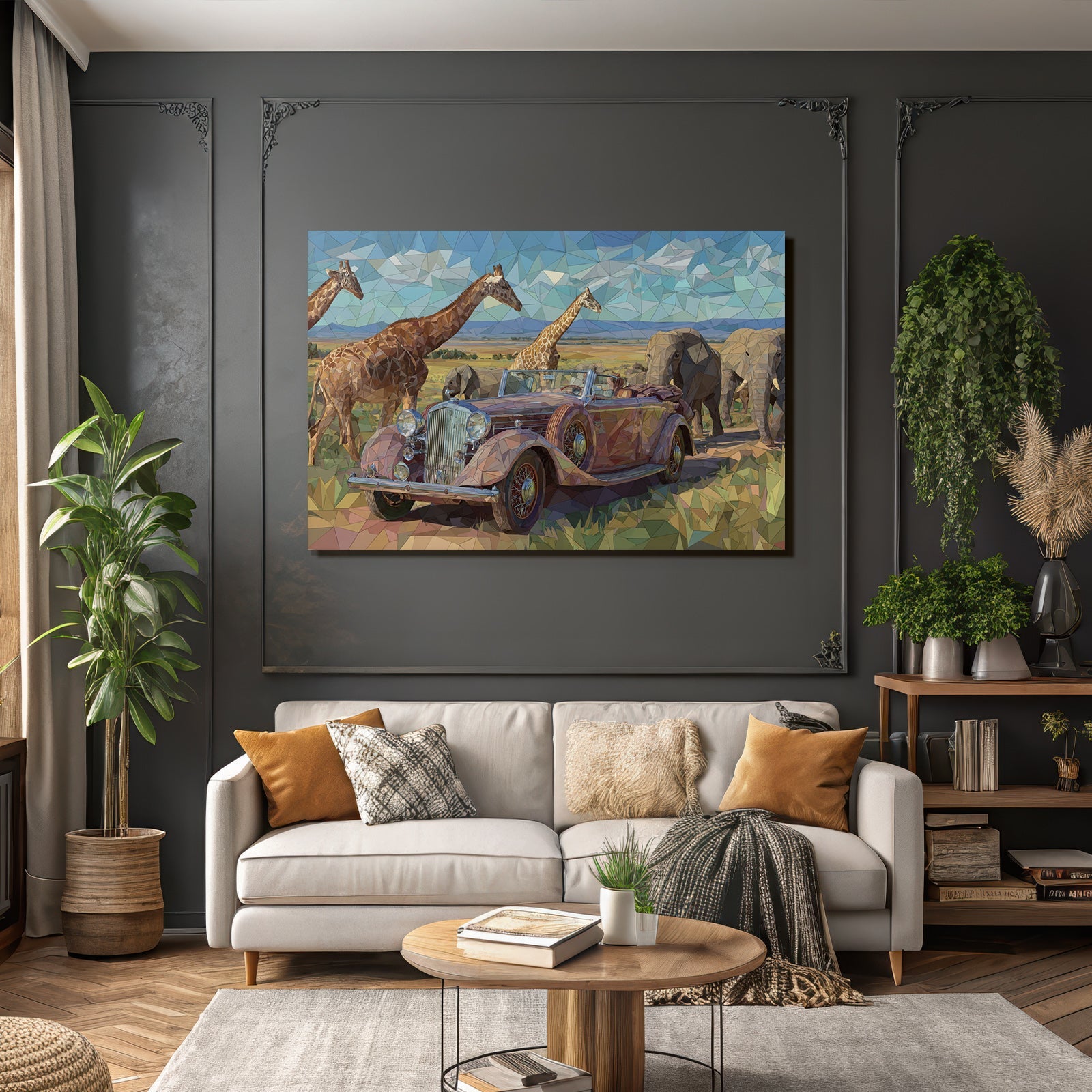 Stylisierte Geometrische Darstellung Klassisches Cabrio In Savanne Mit Giraffen Und Elefanten
