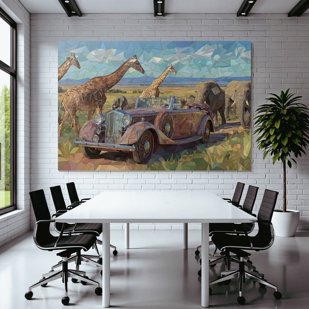 Stylisierte Geometrische Darstellung Klassisches Cabrio In Savanne Mit Giraffen Und Elefanten