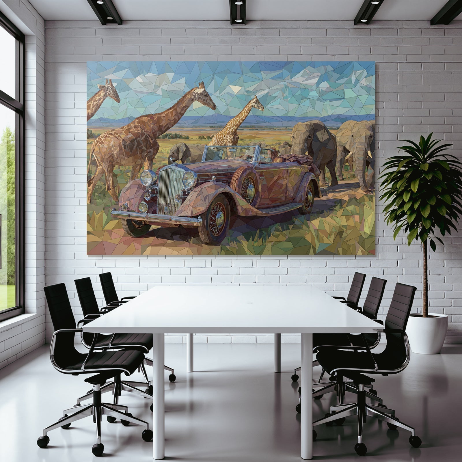 Stylisierte Geometrische Darstellung Klassisches Cabrio In Savanne Mit Giraffen Und Elefanten