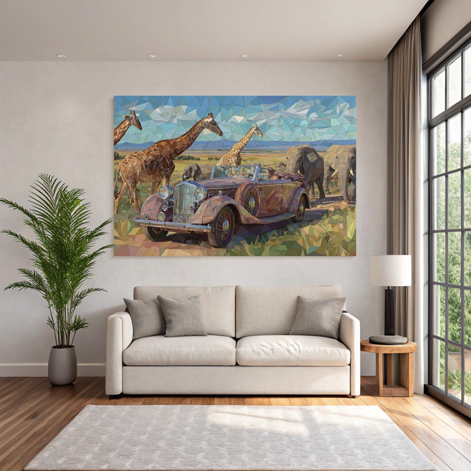 Stylisierte Geometrische Darstellung Klassisches Cabrio In Savanne Mit Giraffen Und Elefanten
