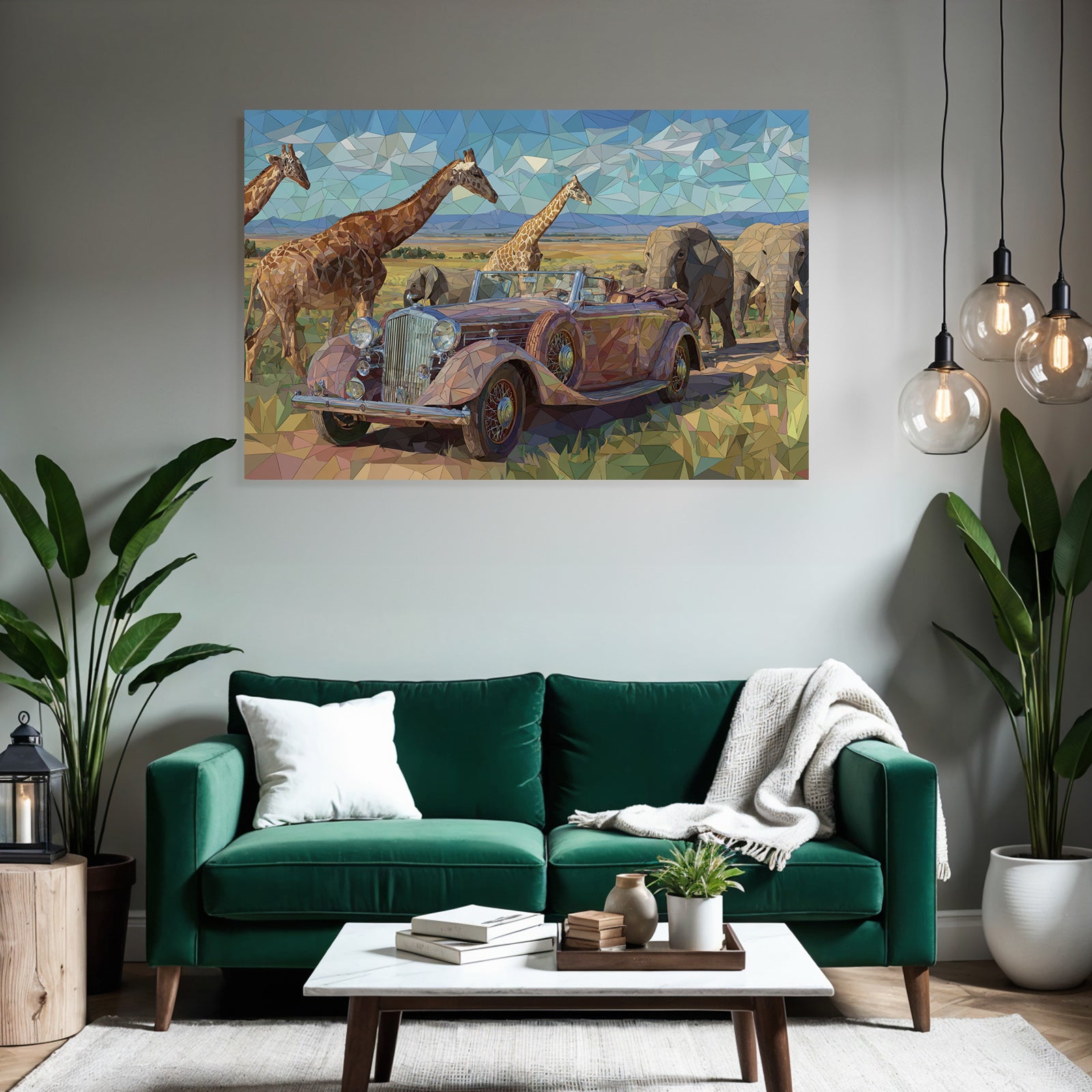 Stylisierte Geometrische Darstellung Klassisches Cabrio In Savanne Mit Giraffen Und Elefanten