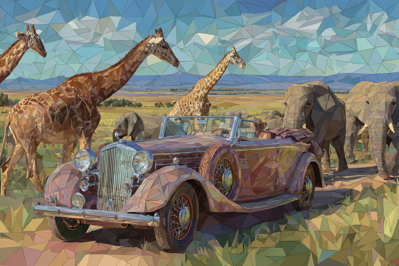 Stylisierte Geometrische Darstellung Klassisches Cabrio In Savanne Mit Giraffen Und Elefanten | Safari und Wildtiere | Tiere