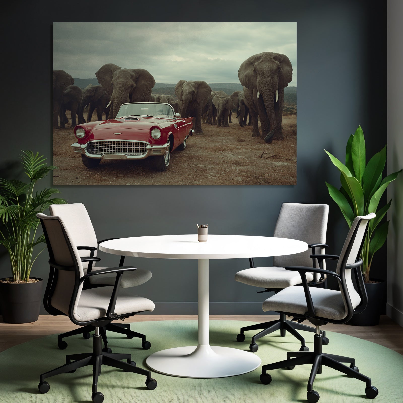 Vintage Rotes Auto Elephanten Naturlandschaft Wolkiger Himmel