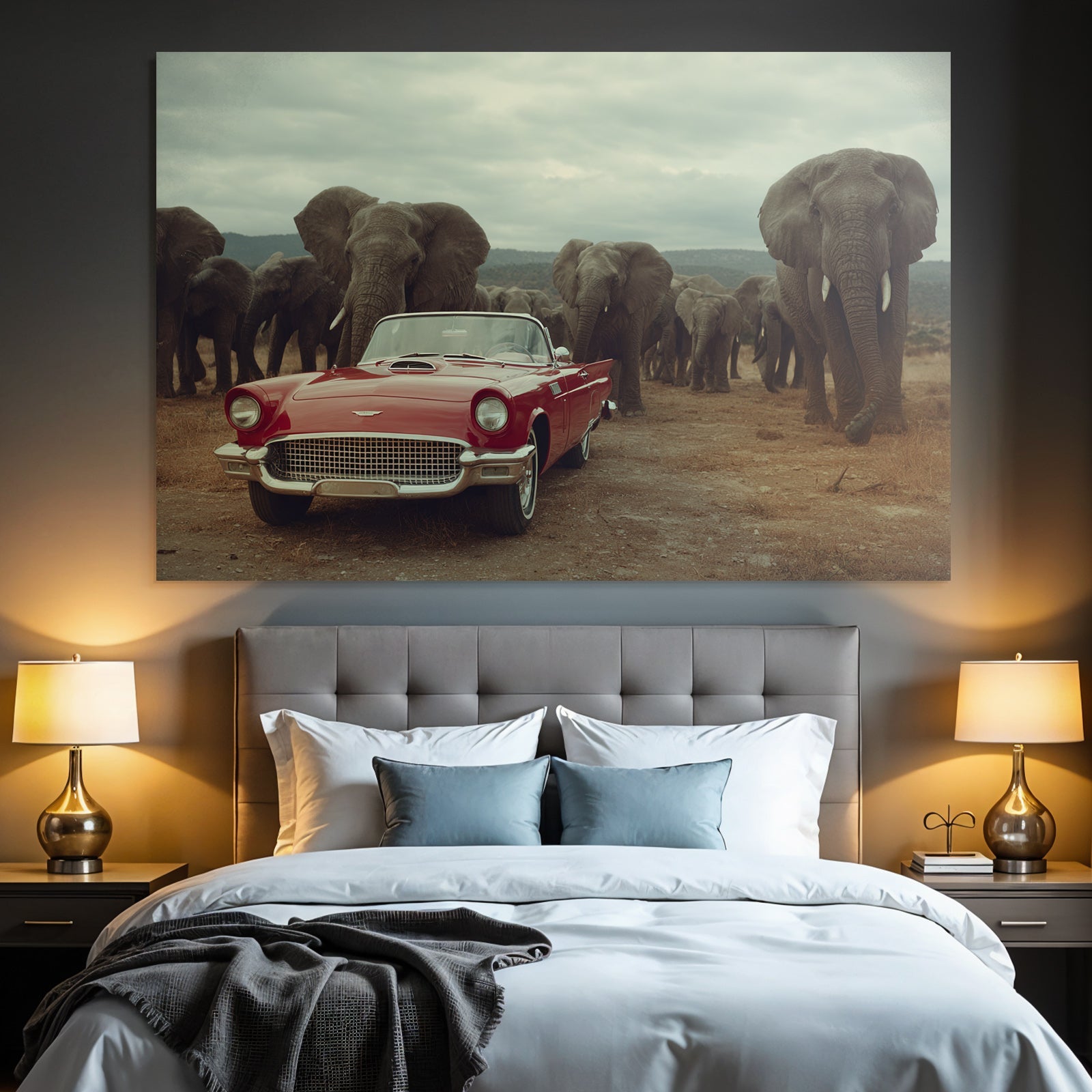 Vintage Rotes Auto Elephanten Naturlandschaft Wolkiger Himmel