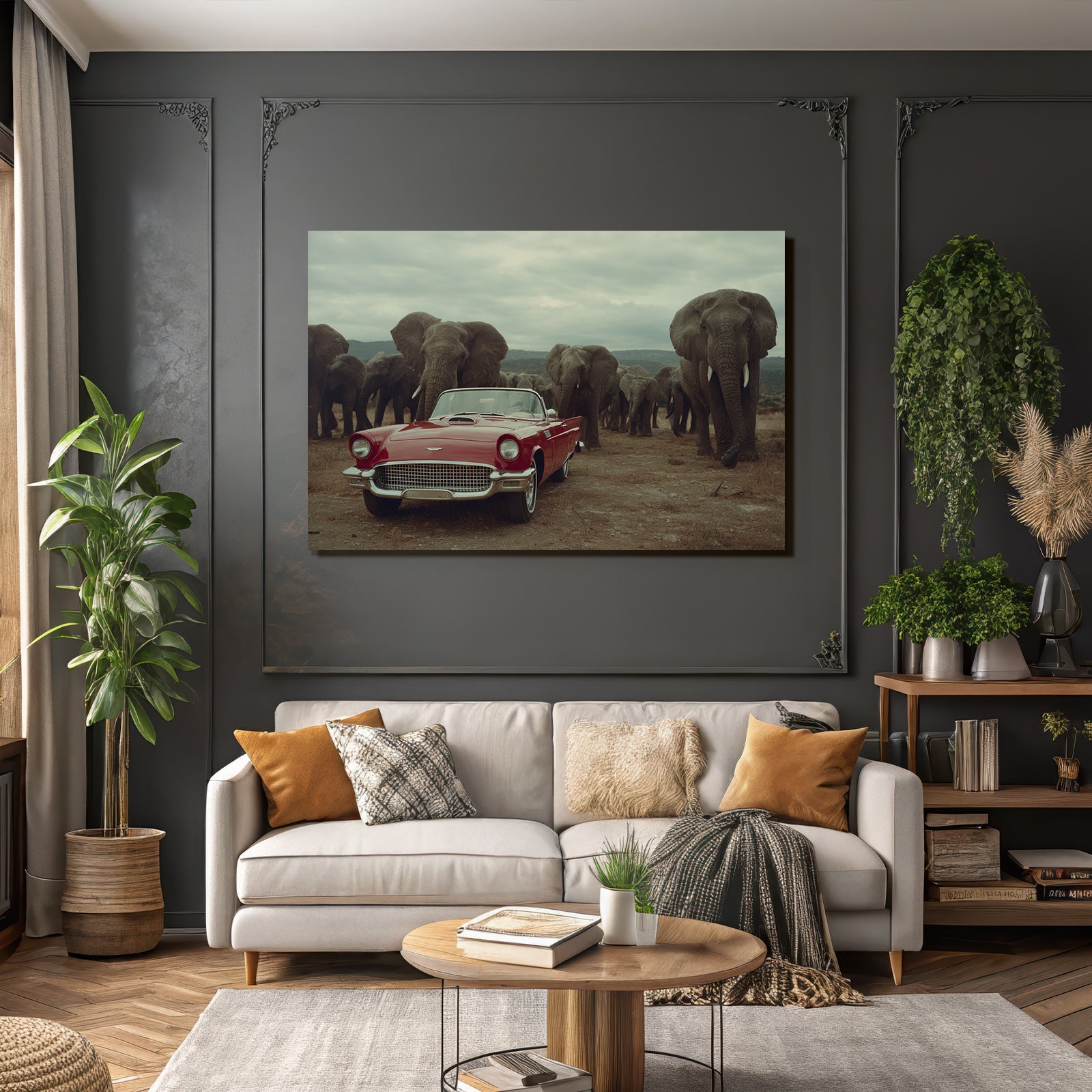 Vintage Rotes Auto Elephanten Naturlandschaft Wolkiger Himmel