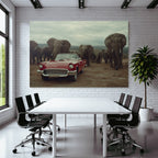 Vintage Rotes Auto Elephanten Naturlandschaft Wolkiger Himmel