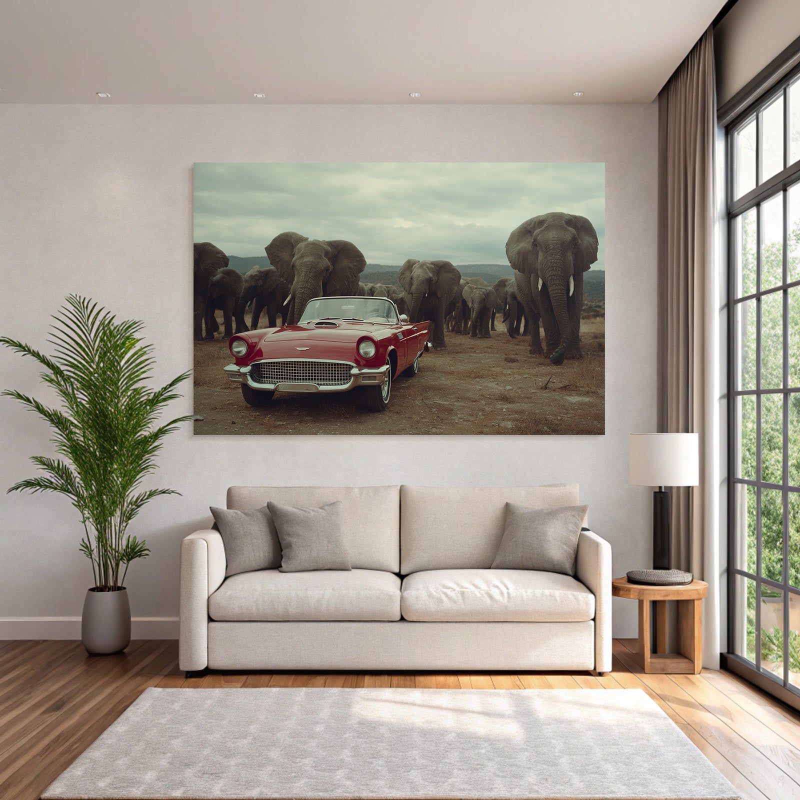 Vintage Rotes Auto Elephanten Naturlandschaft Wolkiger Himmel
