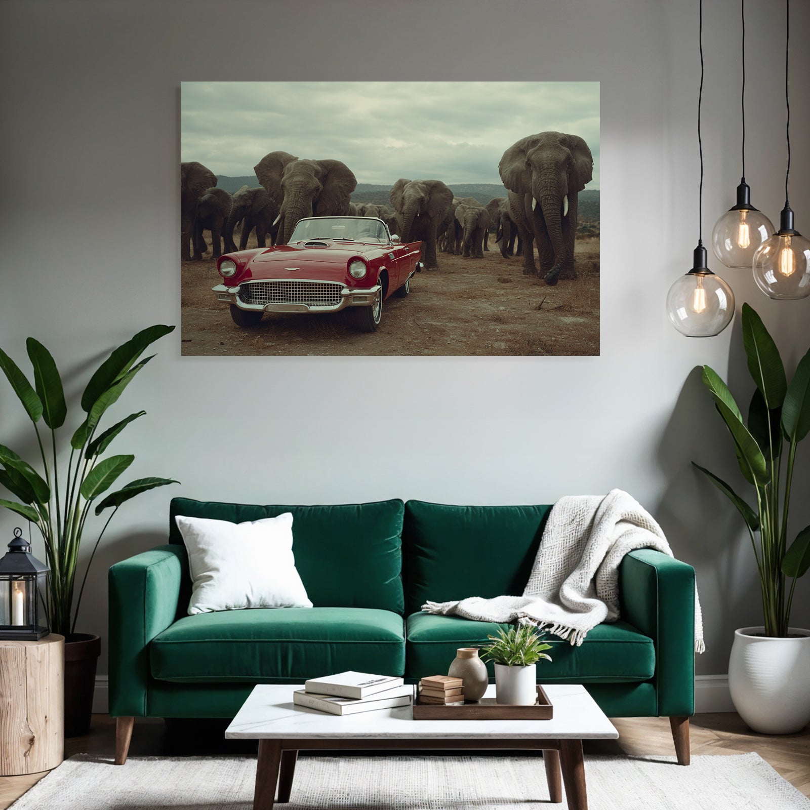 Vintage Rotes Auto Elephanten Naturlandschaft Wolkiger Himmel