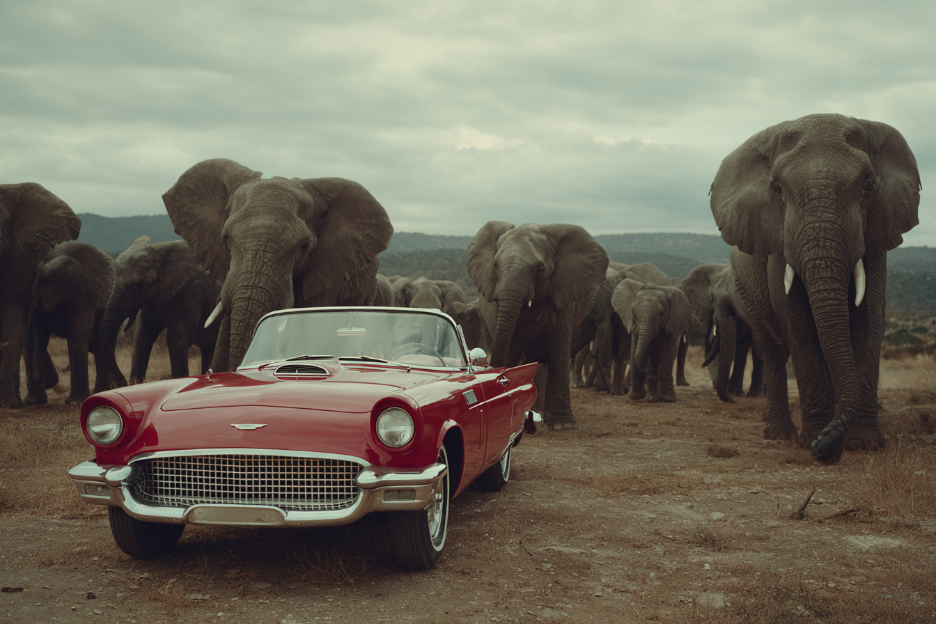 Vintage Rotes Auto Elephanten Naturlandschaft Wolkiger Himmel | Safari und Wildtiere | Tiere