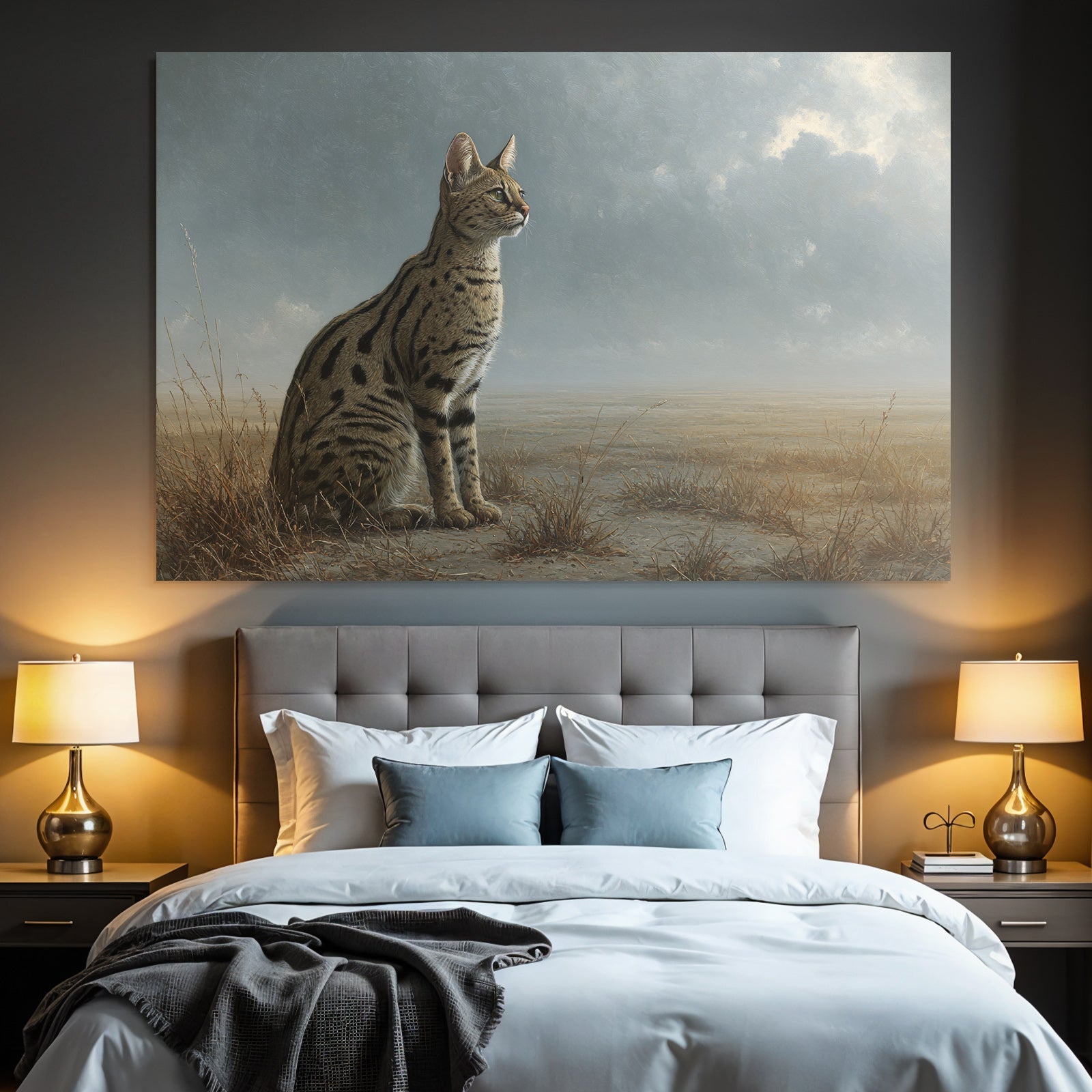 Wildkatze Mit Geflecktem Fell Im Trockenen Gras Unter Wolken