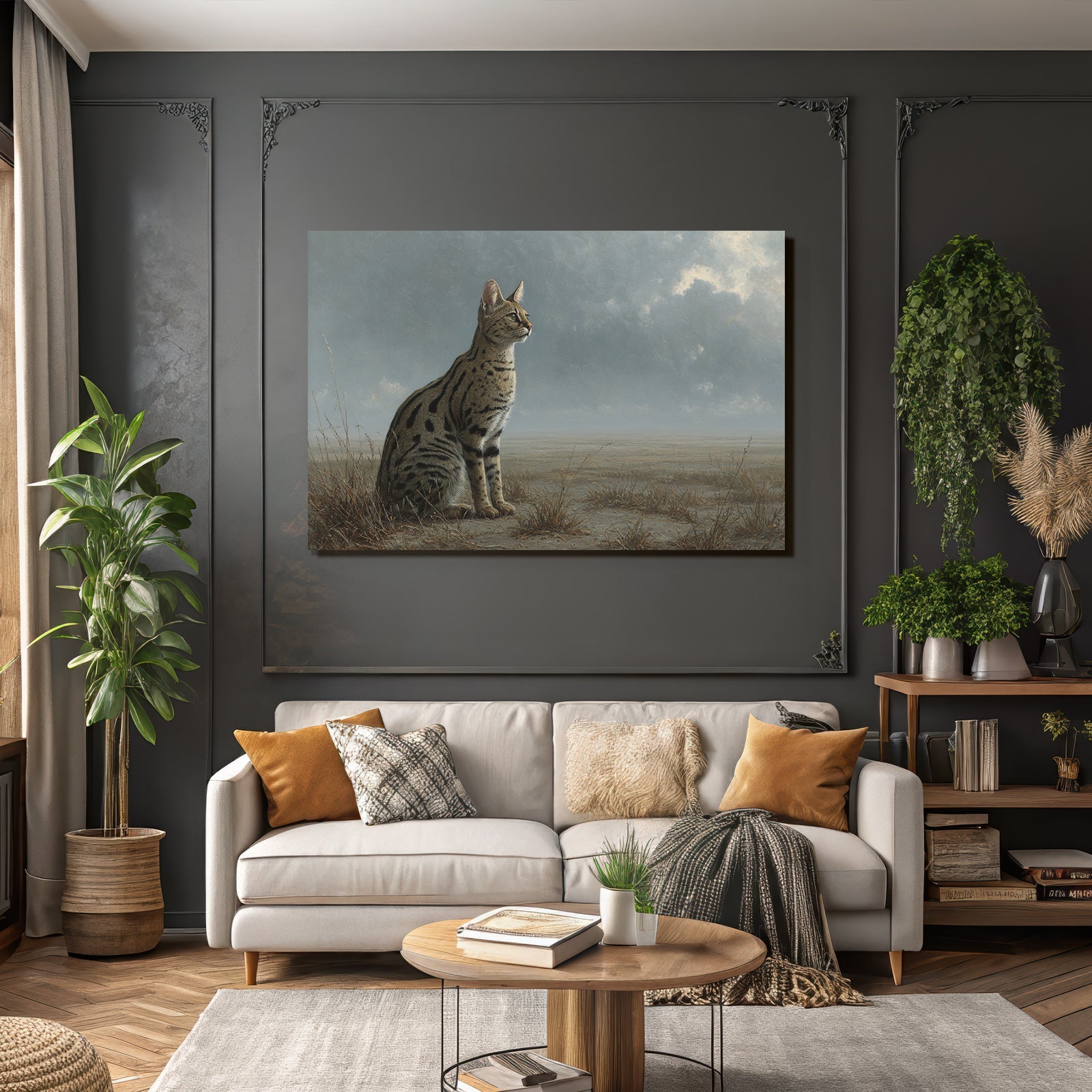 Wildkatze Mit Geflecktem Fell Im Trockenen Gras Unter Wolken