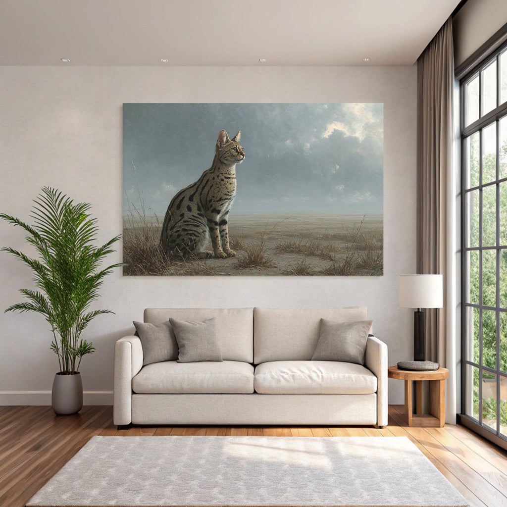 Wildkatze Mit Geflecktem Fell Im Trockenen Gras Unter Wolken