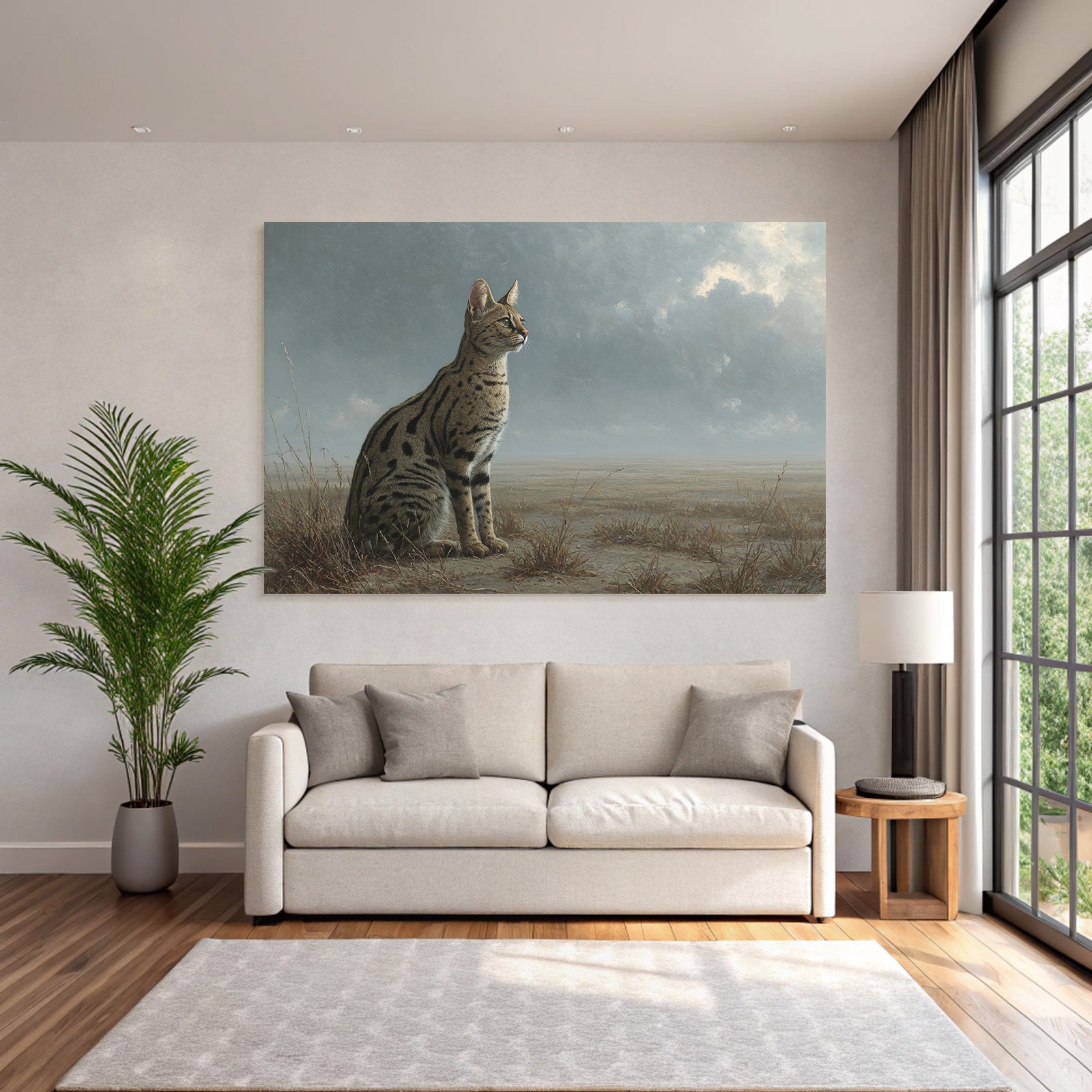 Wildkatze Mit Geflecktem Fell Im Trockenen Gras Unter Wolken