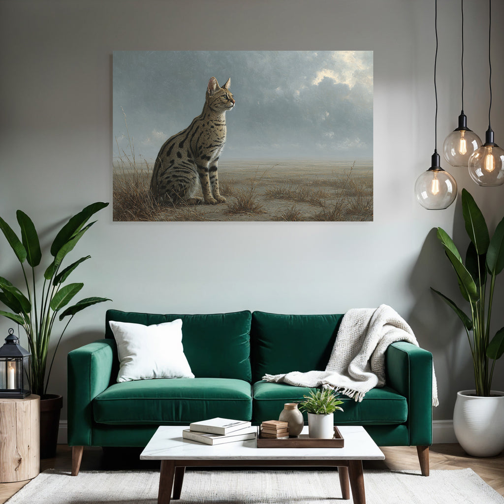 Wildkatze Mit Geflecktem Fell Im Trockenen Gras Unter Wolken