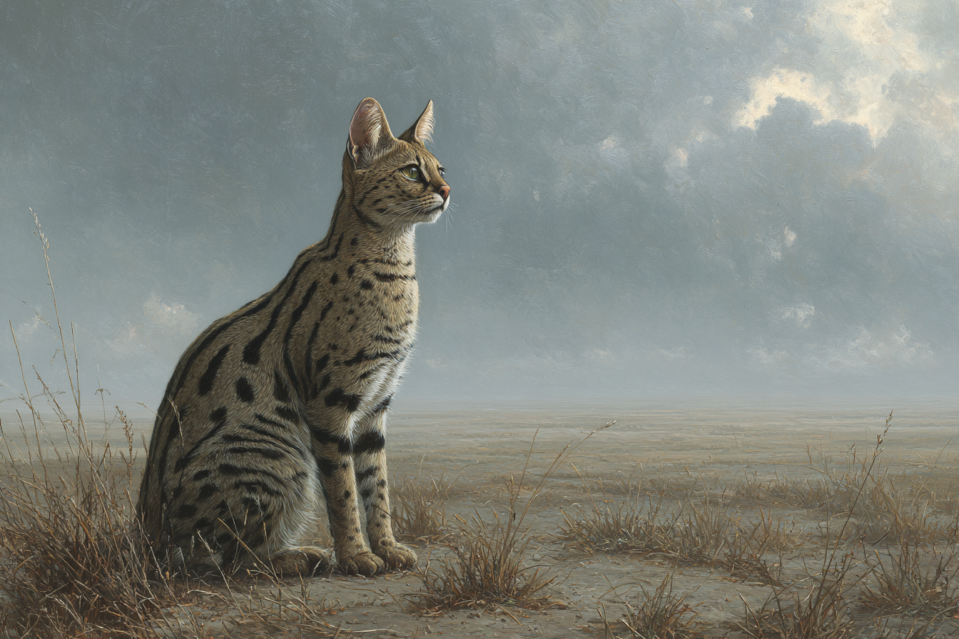 Wildkatze Mit Geflecktem Fell Im Trockenen Gras Unter Wolken | Safari und Wildtiere | Tiere