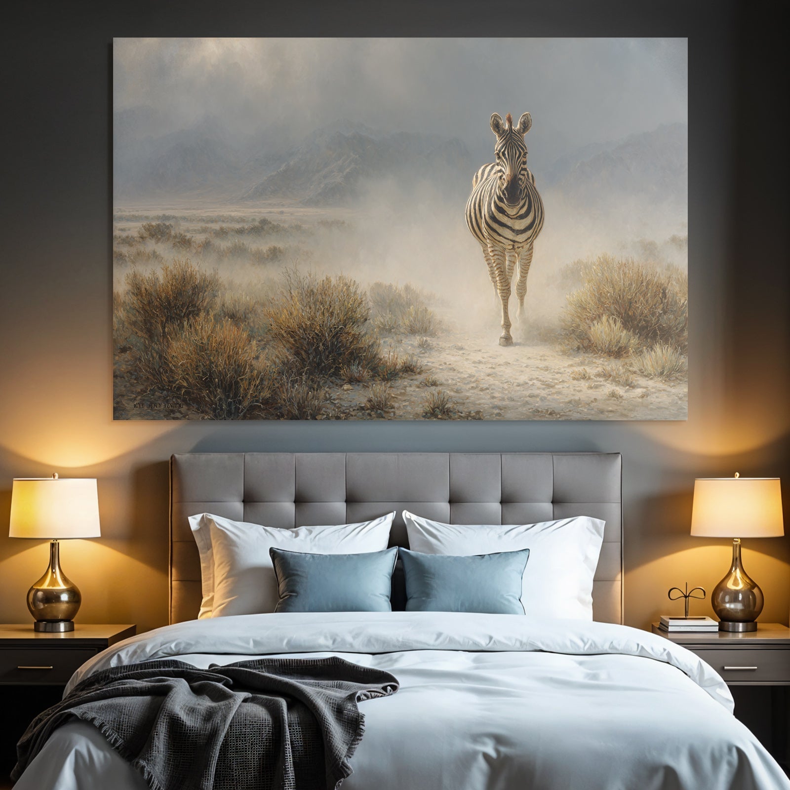 Zebra in misty landscape with mountains in the background