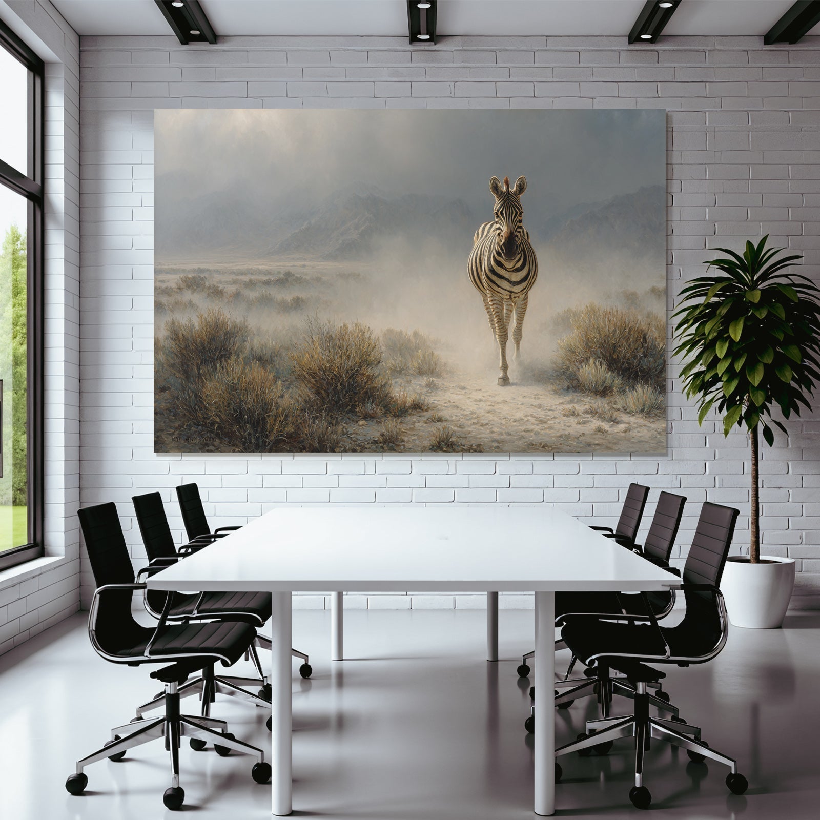 Zebra in misty landscape with mountains in the background
